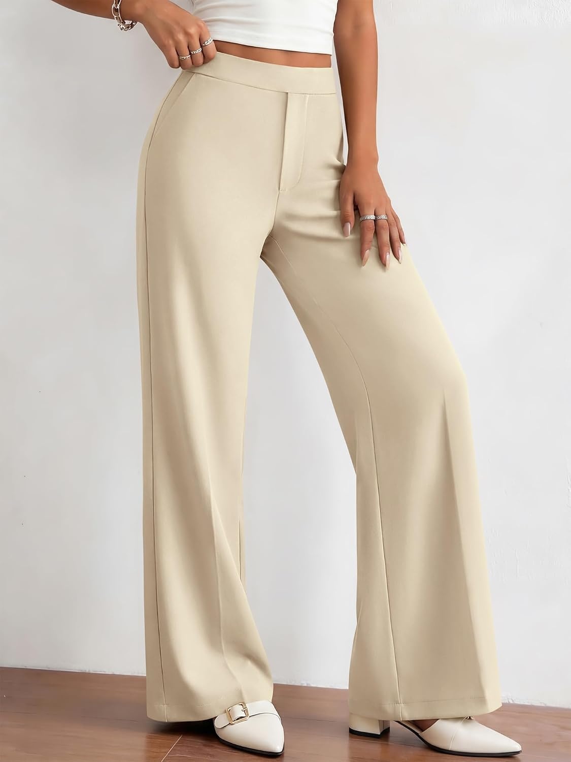 image:imageBTFBM Womens Dress Pants 2026 Fall Wide Leg High Waisted Palazzo Pants Business Casual Work Trousers Slacks PocketsBeige