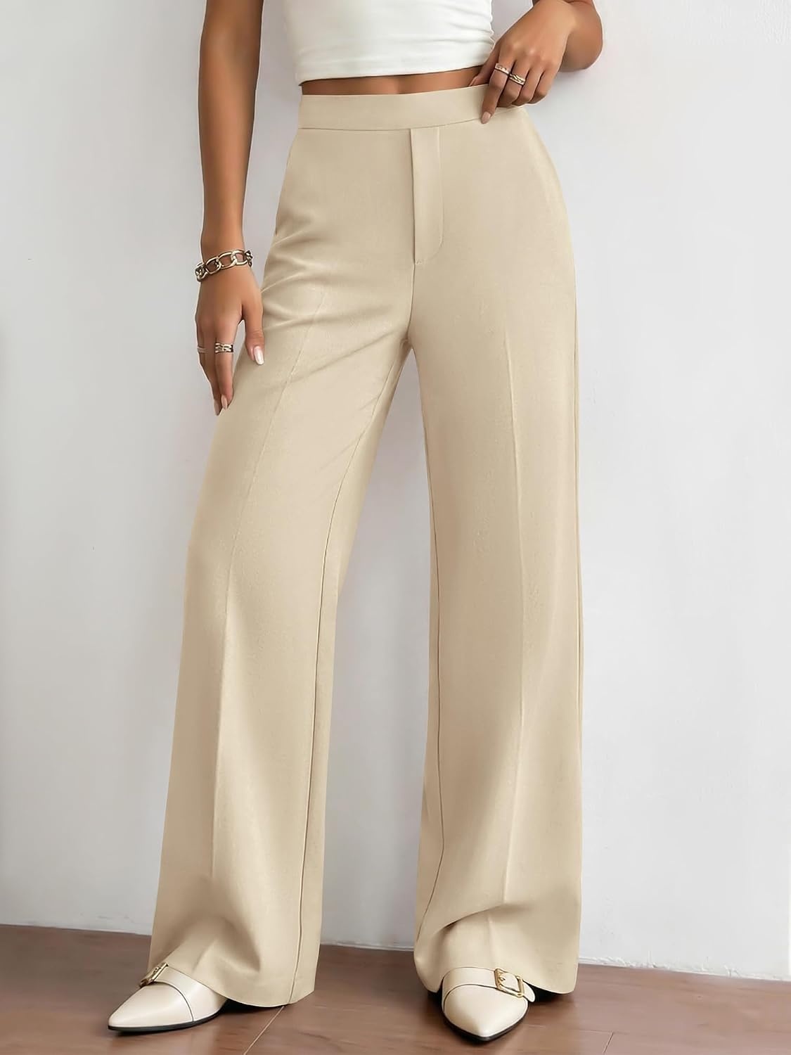 image:imageBTFBM Womens Dress Pants 2026 Fall Wide Leg High Waisted Palazzo Pants Business Casual Work Trousers Slacks PocketsBeige