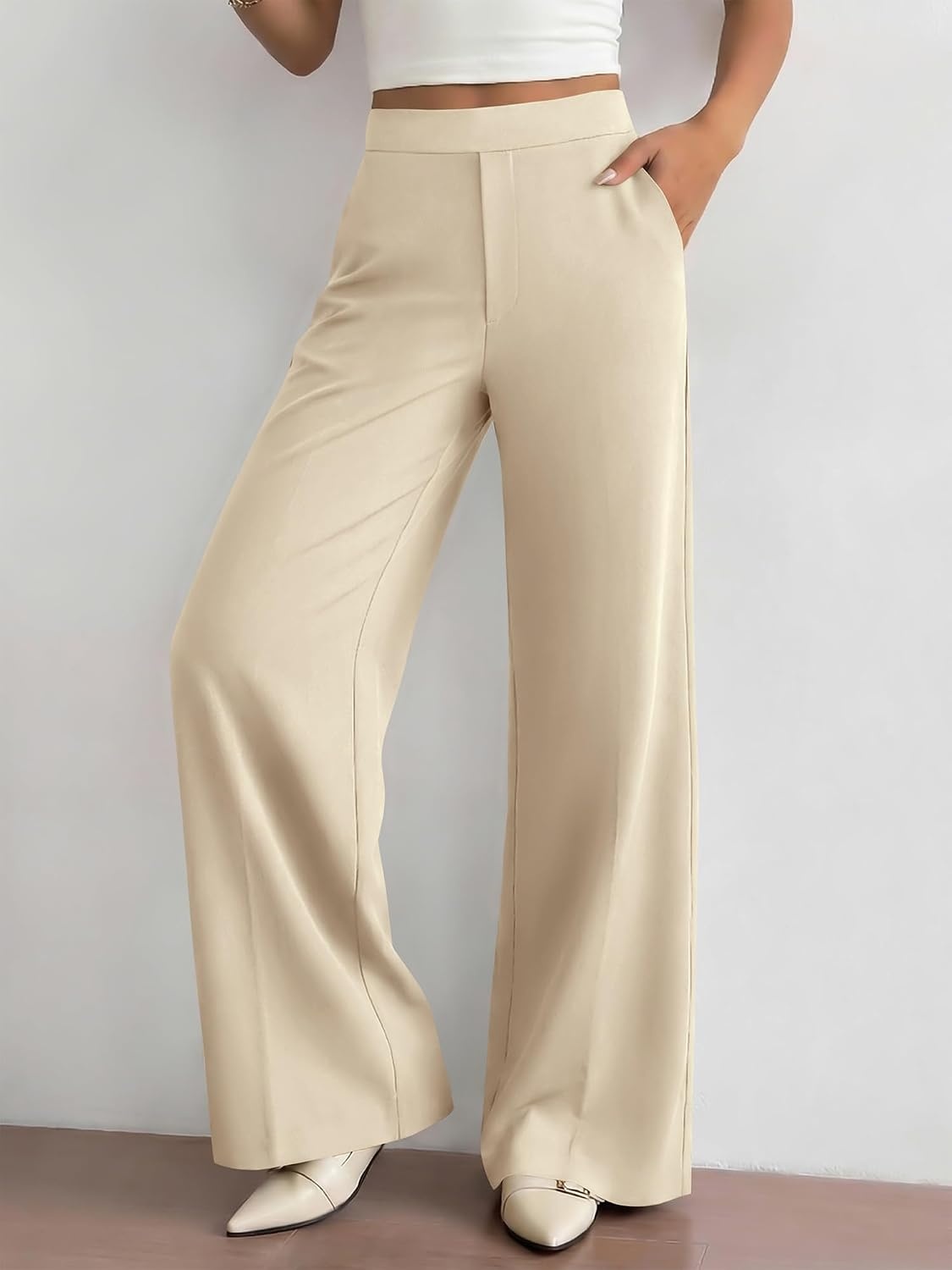 image:imageBTFBM Womens Dress Pants 2026 Fall Wide Leg High Waisted Palazzo Pants Business Casual Work Trousers Slacks PocketsBeige