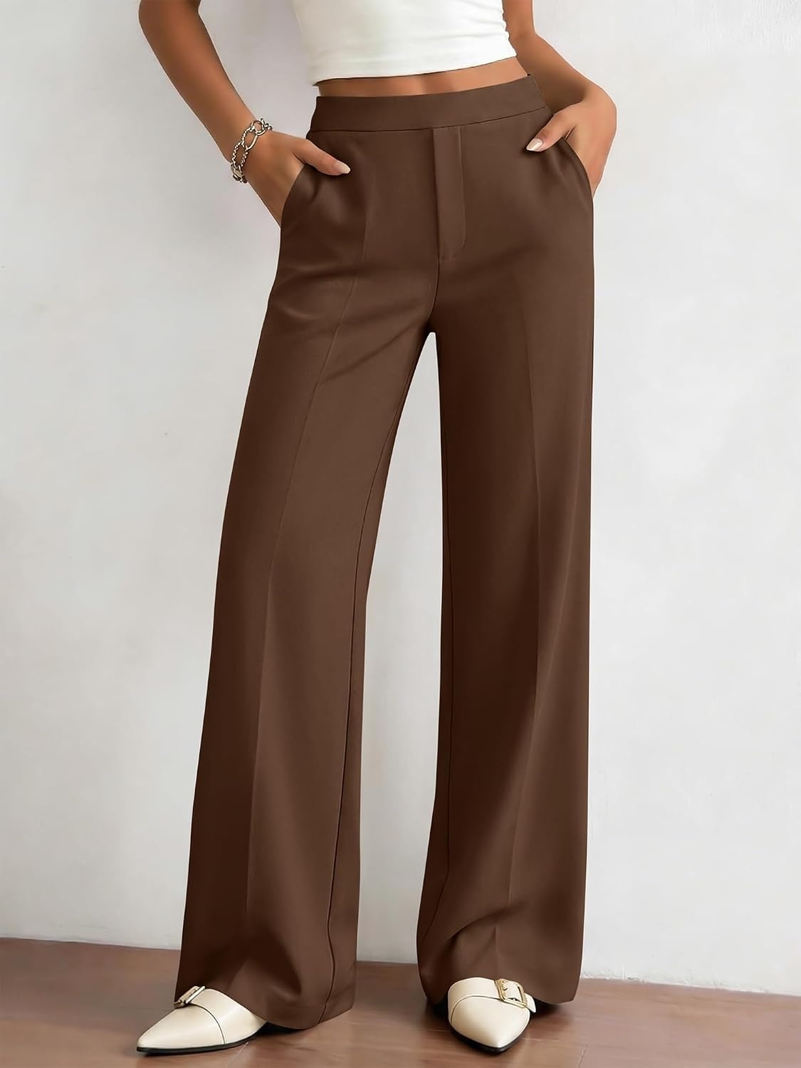 image:imageBTFBM Womens Dress Pants 2026 Fall Wide Leg High Waisted Palazzo Pants Business Casual Work Trousers Slacks PocketsBrown