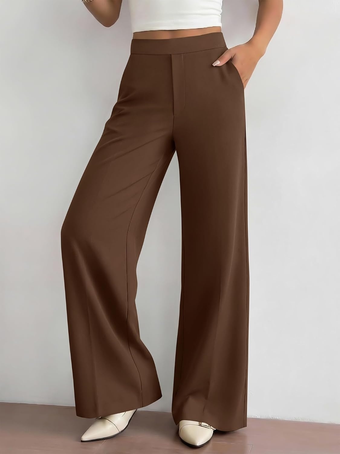 image:imageBTFBM Womens Dress Pants 2026 Fall Wide Leg High Waisted Palazzo Pants Business Casual Work Trousers Slacks PocketsBrown