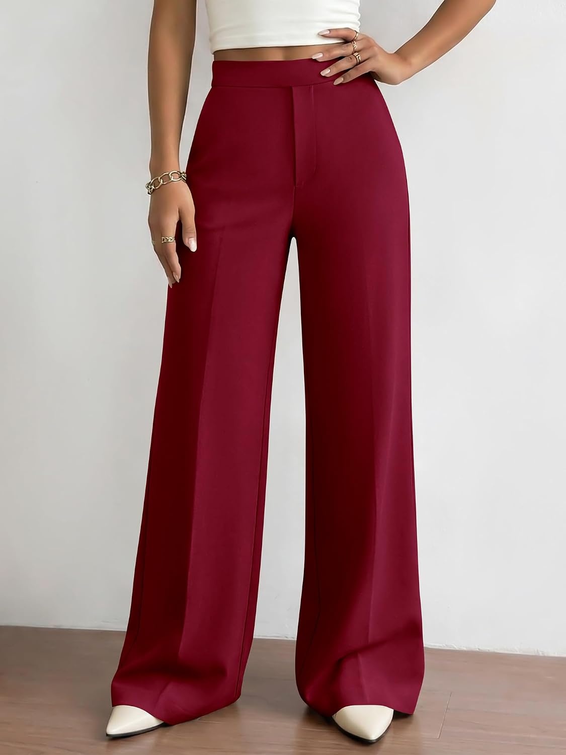 image:imageBTFBM Womens Dress Pants 2026 Fall Wide Leg High Waisted Palazzo Pants Business Casual Work Trousers Slacks PocketsBurgundy