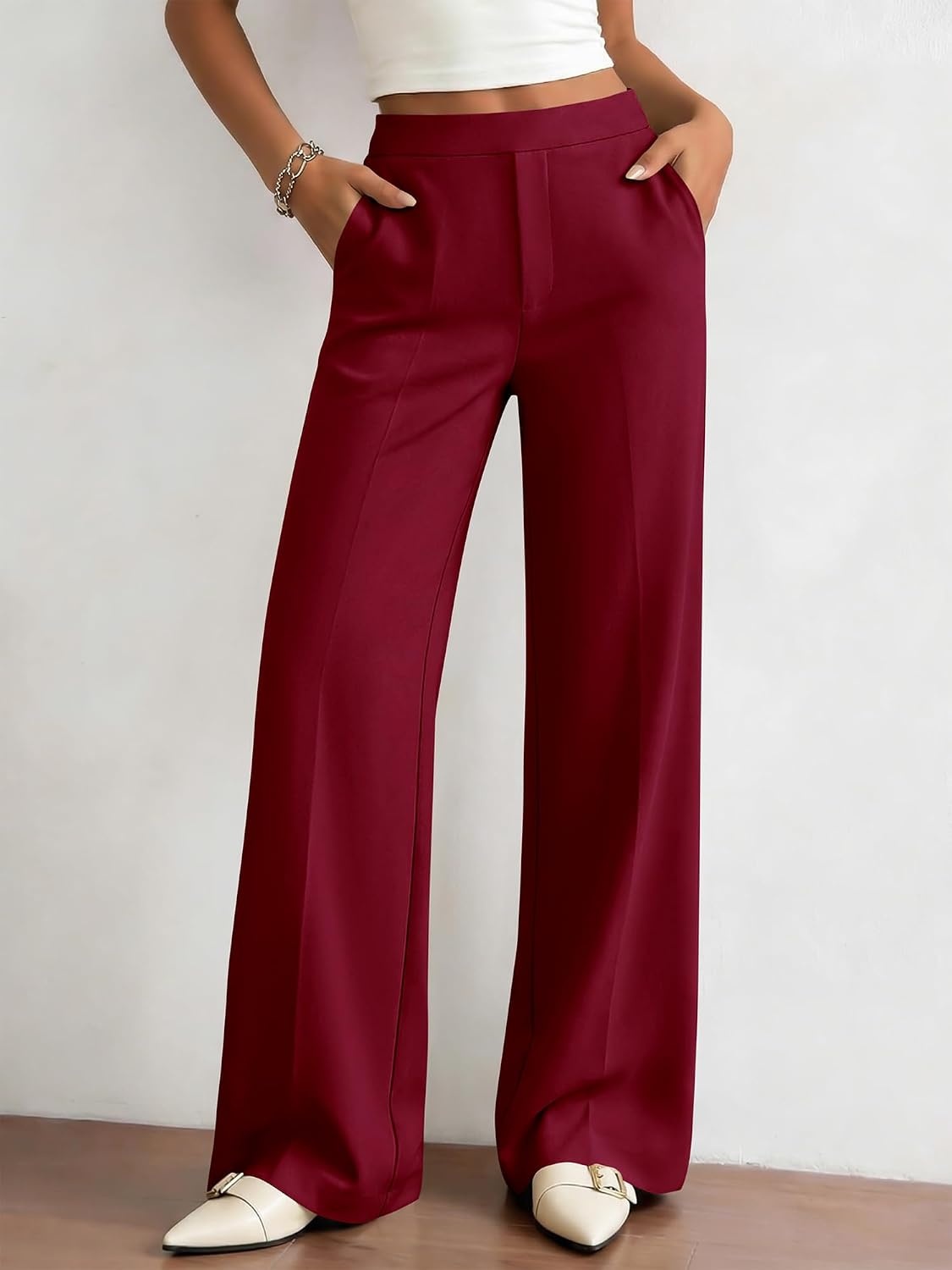 image:imageBTFBM Womens Dress Pants 2026 Fall Wide Leg High Waisted Palazzo Pants Business Casual Work Trousers Slacks PocketsBurgundy