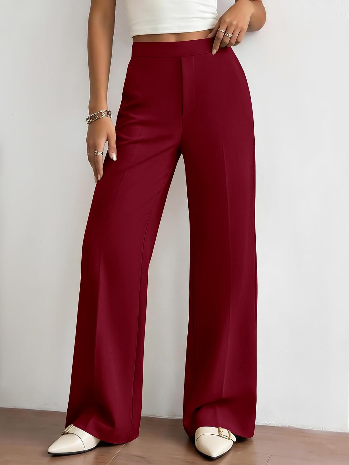 image:imageBTFBM Womens Dress Pants 2026 Fall Wide Leg High Waisted Palazzo Pants Business Casual Work Trousers Slacks PocketsBurgundy