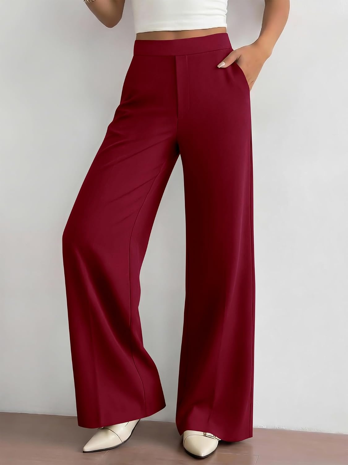 image:imageBTFBM Womens Dress Pants 2026 Fall Wide Leg High Waisted Palazzo Pants Business Casual Work Trousers Slacks PocketsBurgundy