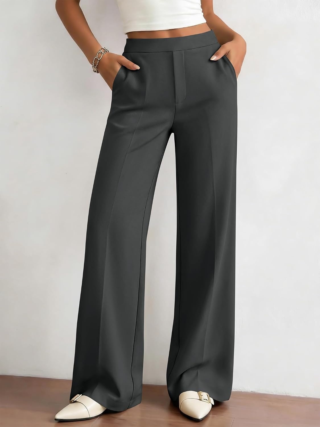 image:imageBTFBM Womens Dress Pants 2026 Fall Wide Leg High Waisted Palazzo Pants Business Casual Work Trousers Slacks PocketsDark Grey