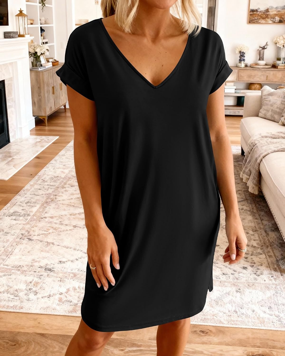 image:imageBTFBM Womens Summer Dresses 2026 Pockets Short Sleeve Loose Nightgowns Pajama Beach Vacation Casual Spring T Shirt DressBlack
