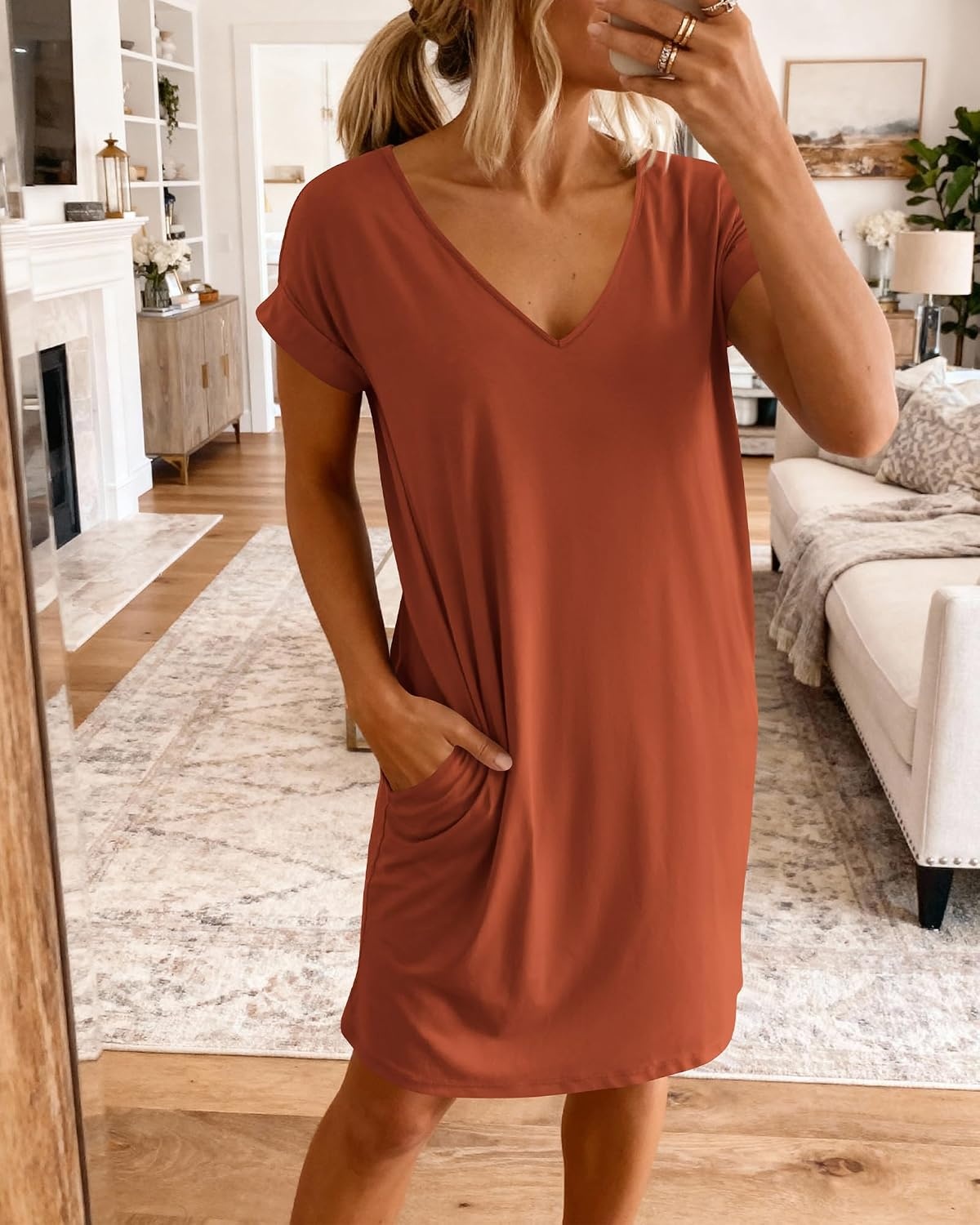 image:imageBTFBM Womens Summer Dresses 2026 Pockets Short Sleeve Loose Nightgowns Pajama Beach Vacation Casual Spring T Shirt DressBrick Red