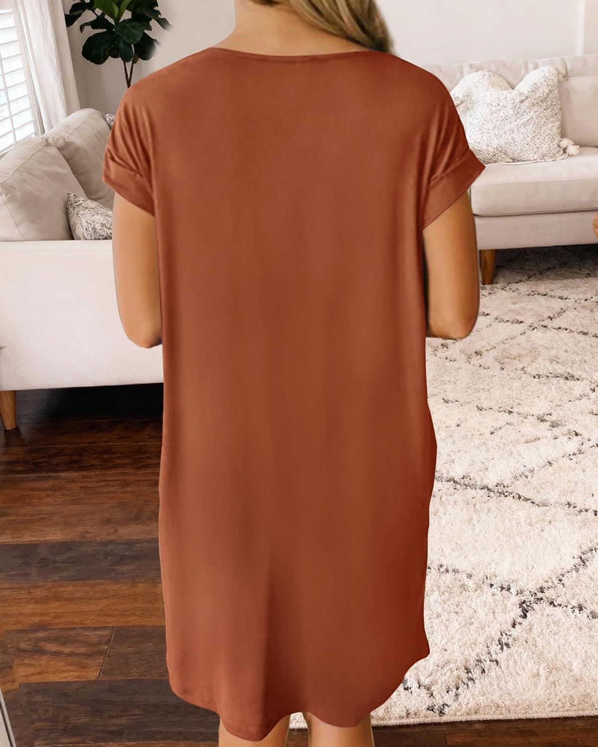 image:imageBTFBM Womens Summer Dresses 2026 Pockets Short Sleeve Loose Nightgowns Pajama Beach Vacation Casual Spring T Shirt DressBrick Red