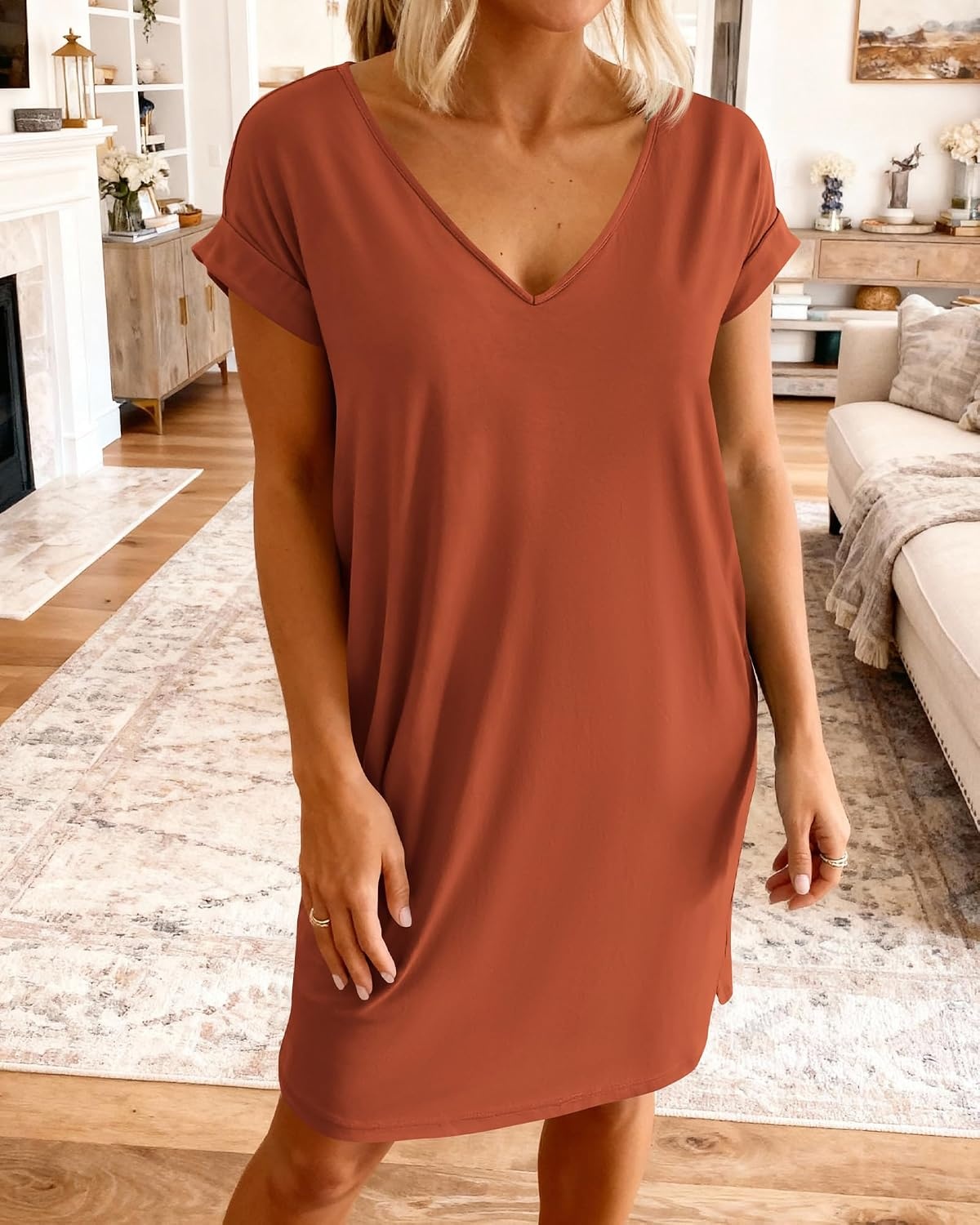 image:imageBTFBM Womens Summer Dresses 2026 Pockets Short Sleeve Loose Nightgowns Pajama Beach Vacation Casual Spring T Shirt DressBrick Red