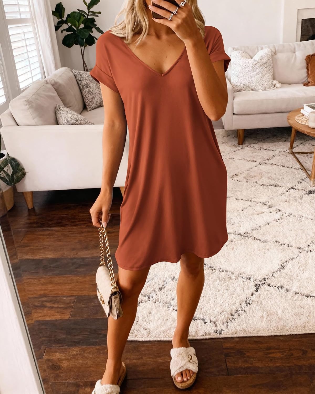 image:imageBTFBM Womens Summer Dresses 2026 Pockets Short Sleeve Loose Nightgowns Pajama Beach Vacation Casual Spring T Shirt DressBrick Red