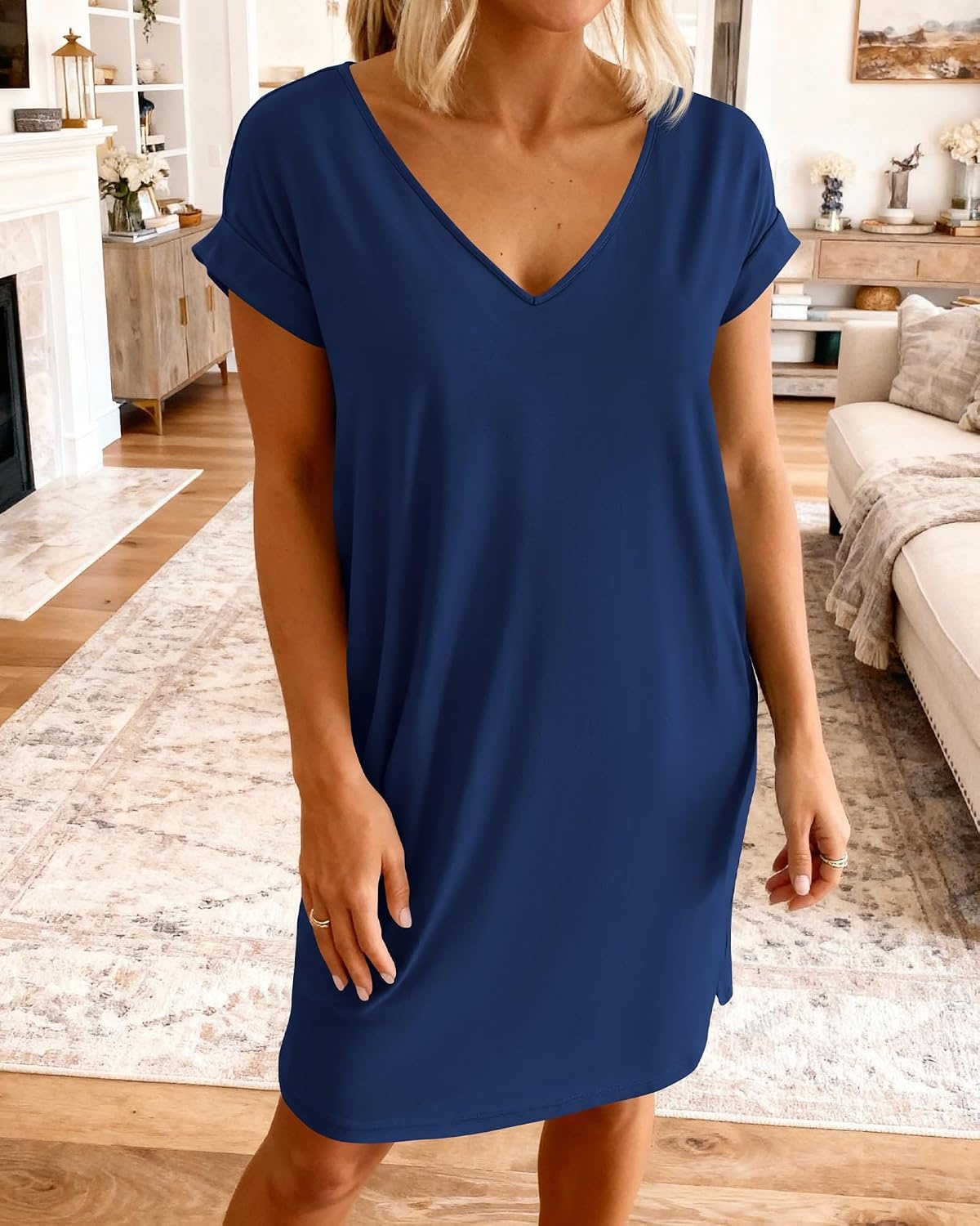 image:imageBTFBM Womens Summer Dresses 2026 Pockets Short Sleeve Loose Nightgowns Pajama Beach Vacation Casual Spring T Shirt DressDark Blue