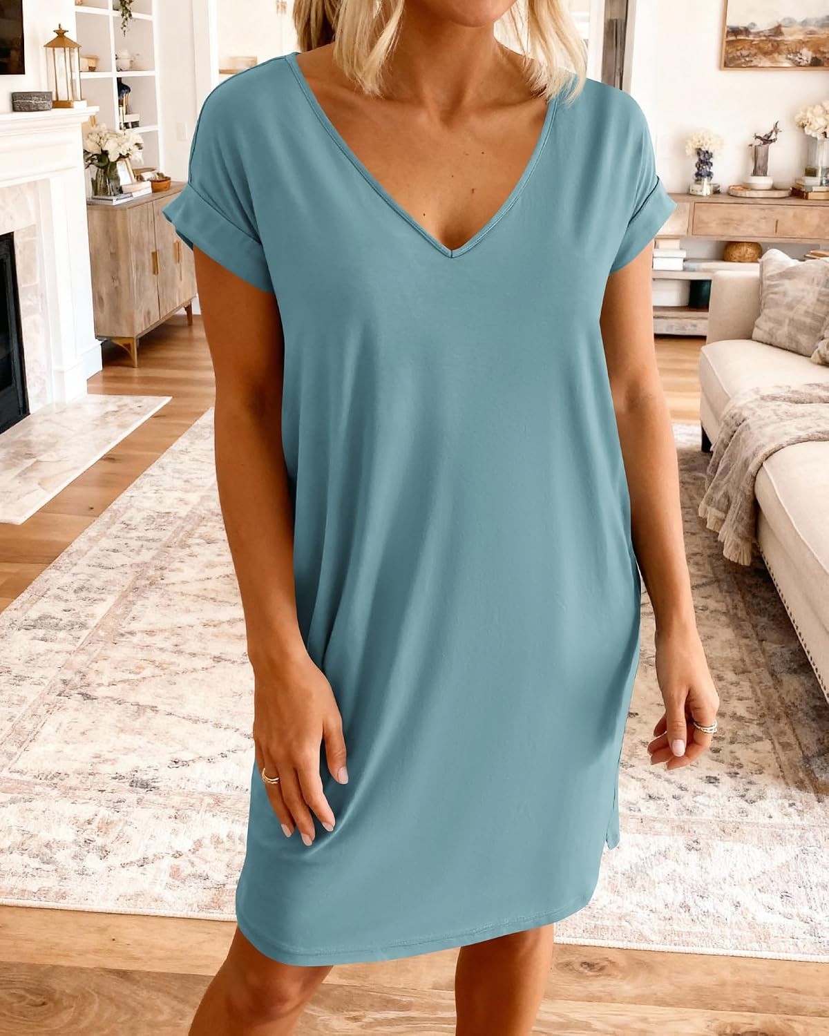 image:imageBTFBM Womens Summer Dresses 2026 Pockets Short Sleeve Loose Nightgowns Pajama Beach Vacation Casual Spring T Shirt DressGrey Blue