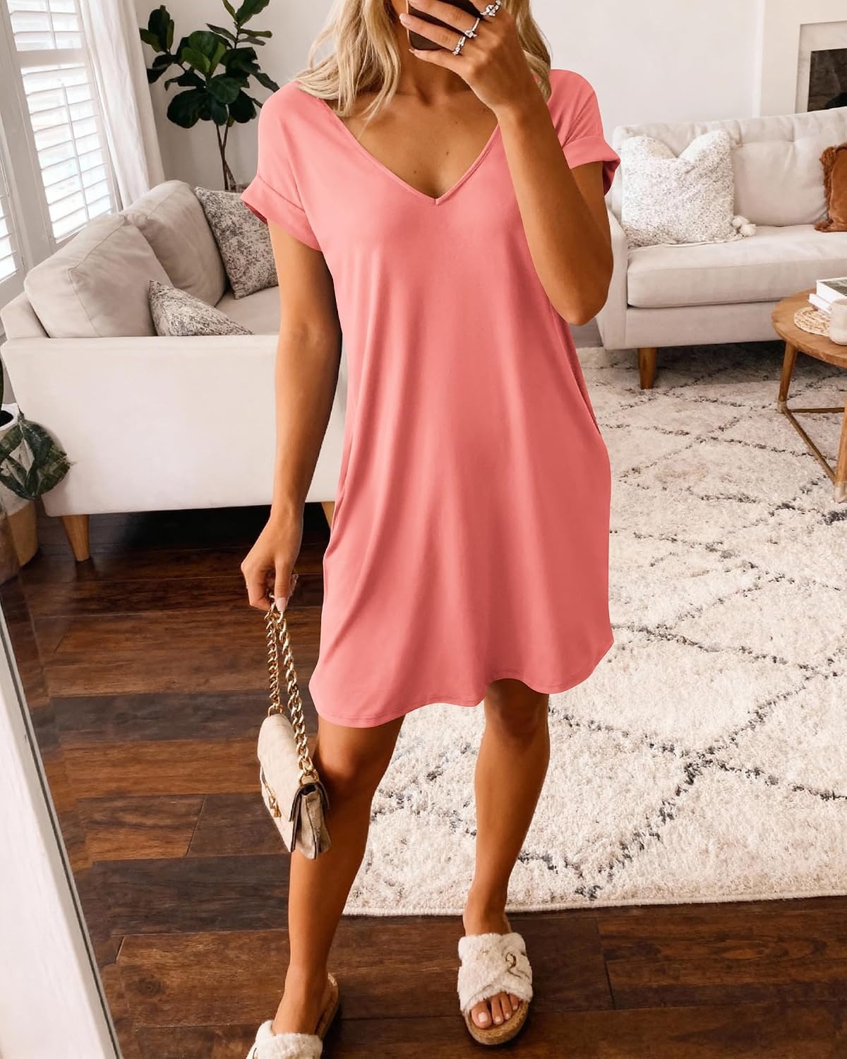 image:imageBTFBM Womens Summer Dresses 2026 Pockets Short Sleeve Loose Nightgowns Pajama Beach Vacation Casual Spring T Shirt DressPink