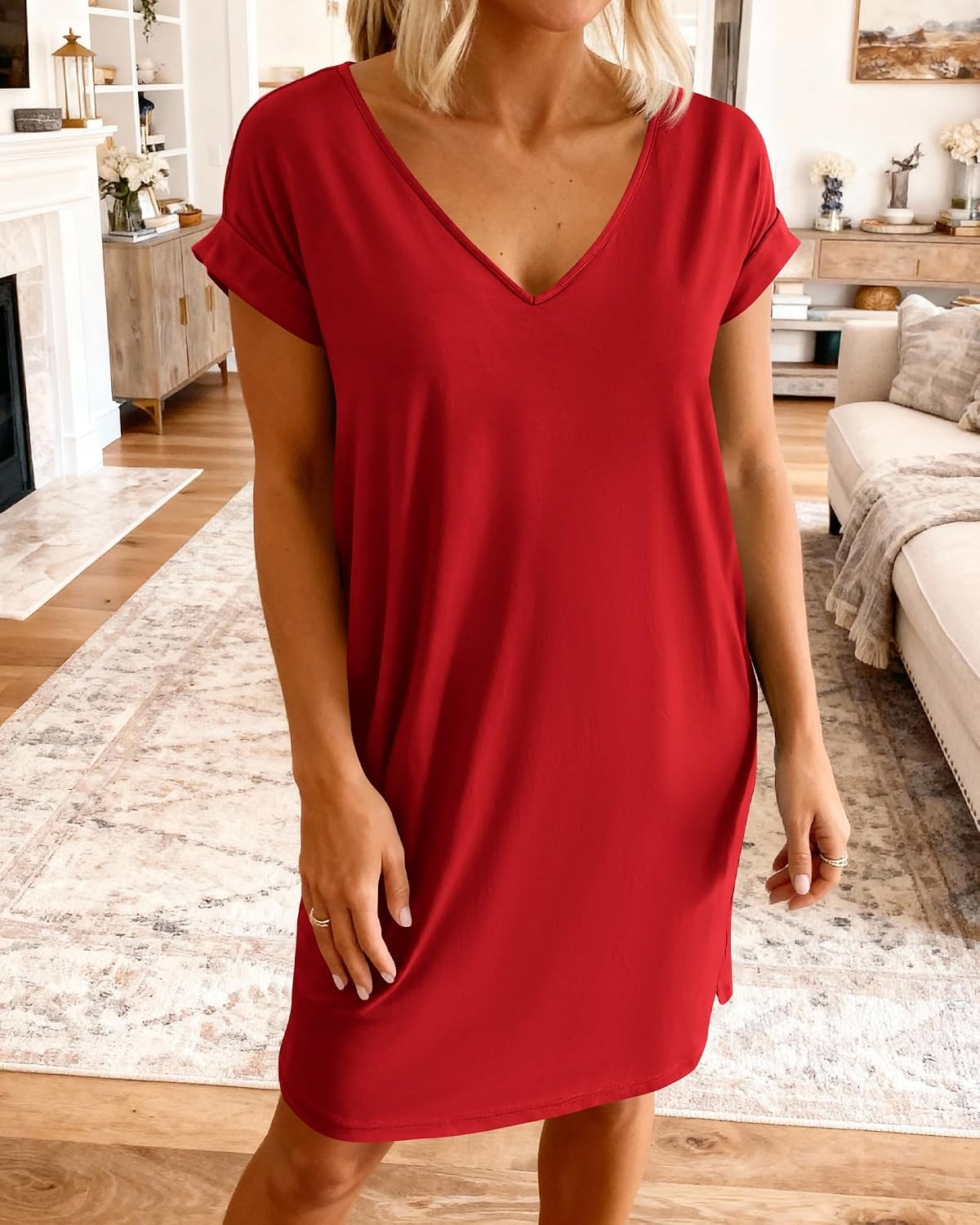 image:imageBTFBM Womens Summer Dresses 2026 Pockets Short Sleeve Loose Nightgowns Pajama Beach Vacation Casual Spring T Shirt DressRed