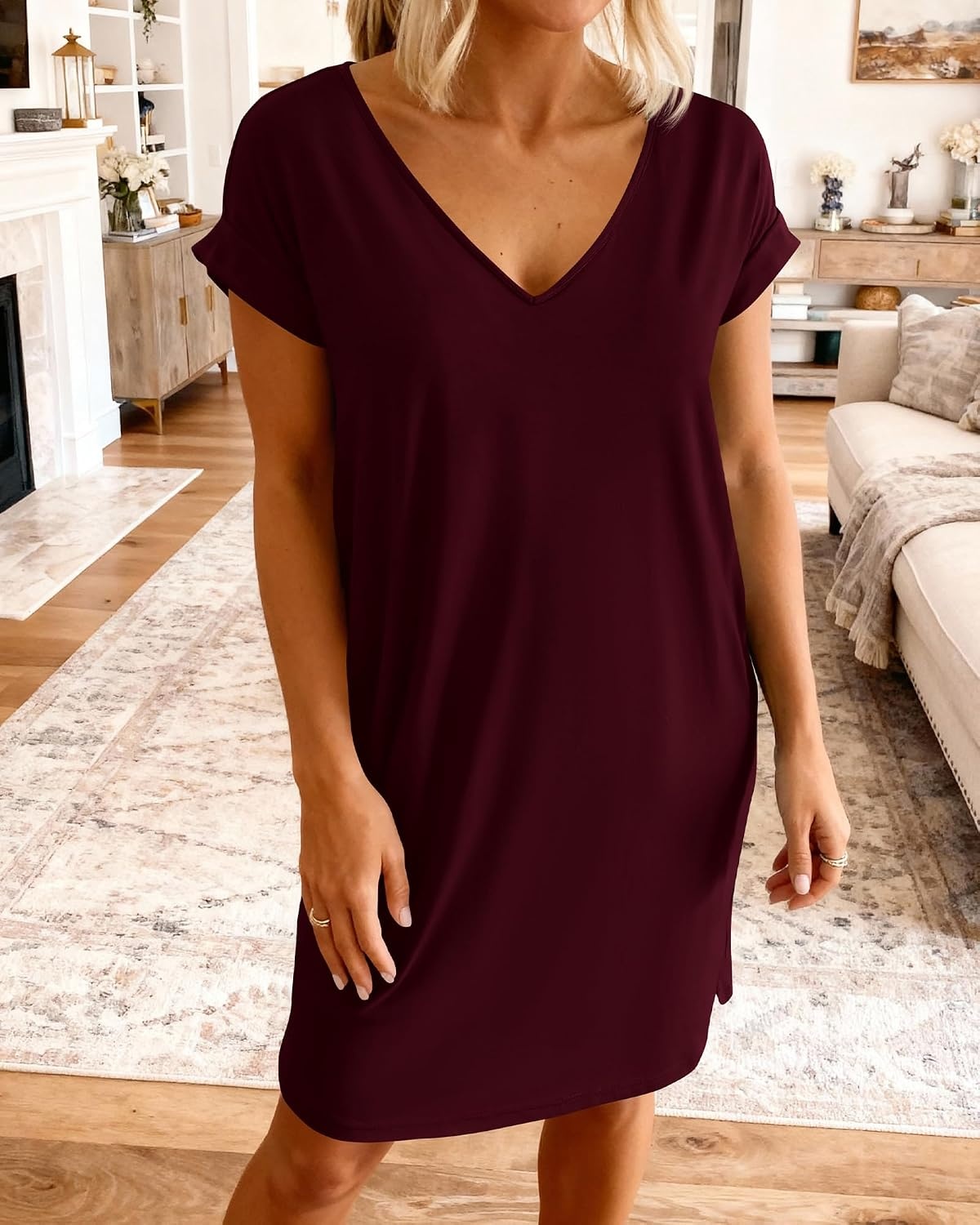image:imageBTFBM Womens Summer Dresses 2026 Pockets Short Sleeve Loose Nightgowns Pajama Beach Vacation Casual Spring T Shirt DressWine Red