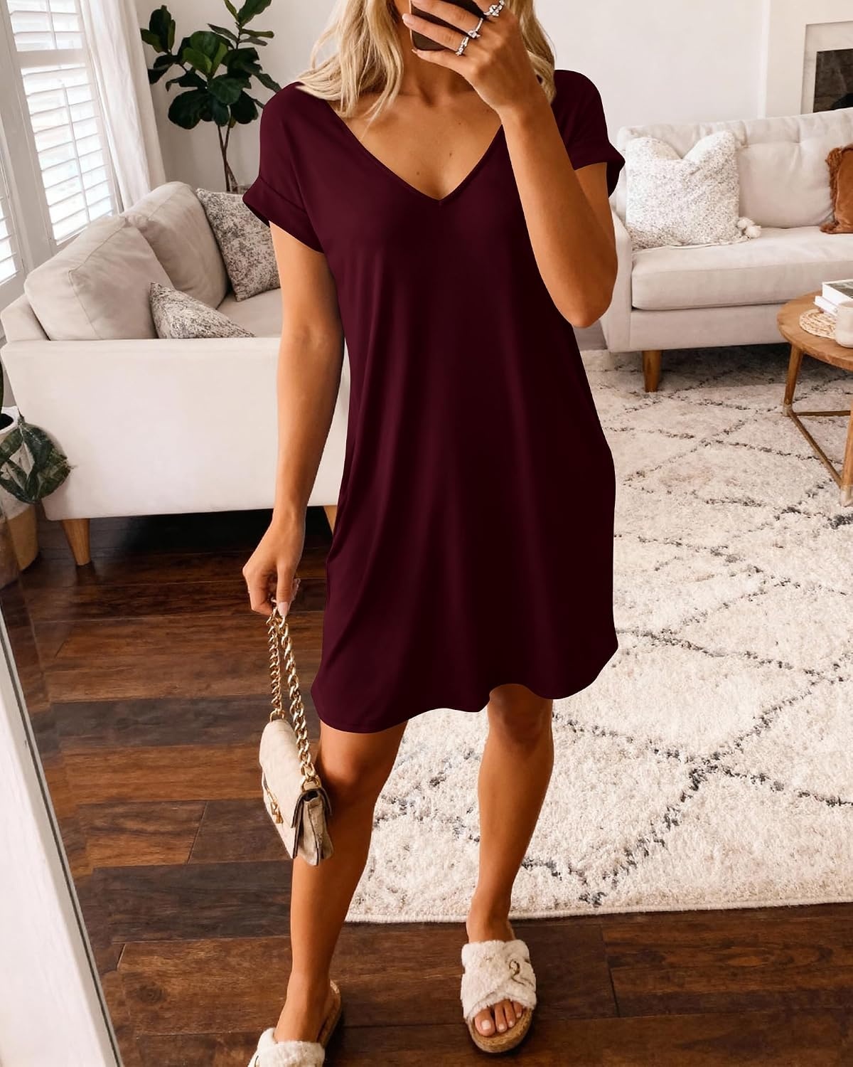image:imageBTFBM Womens Summer Dresses 2026 Pockets Short Sleeve Loose Nightgowns Pajama Beach Vacation Casual Spring T Shirt DressWine Red