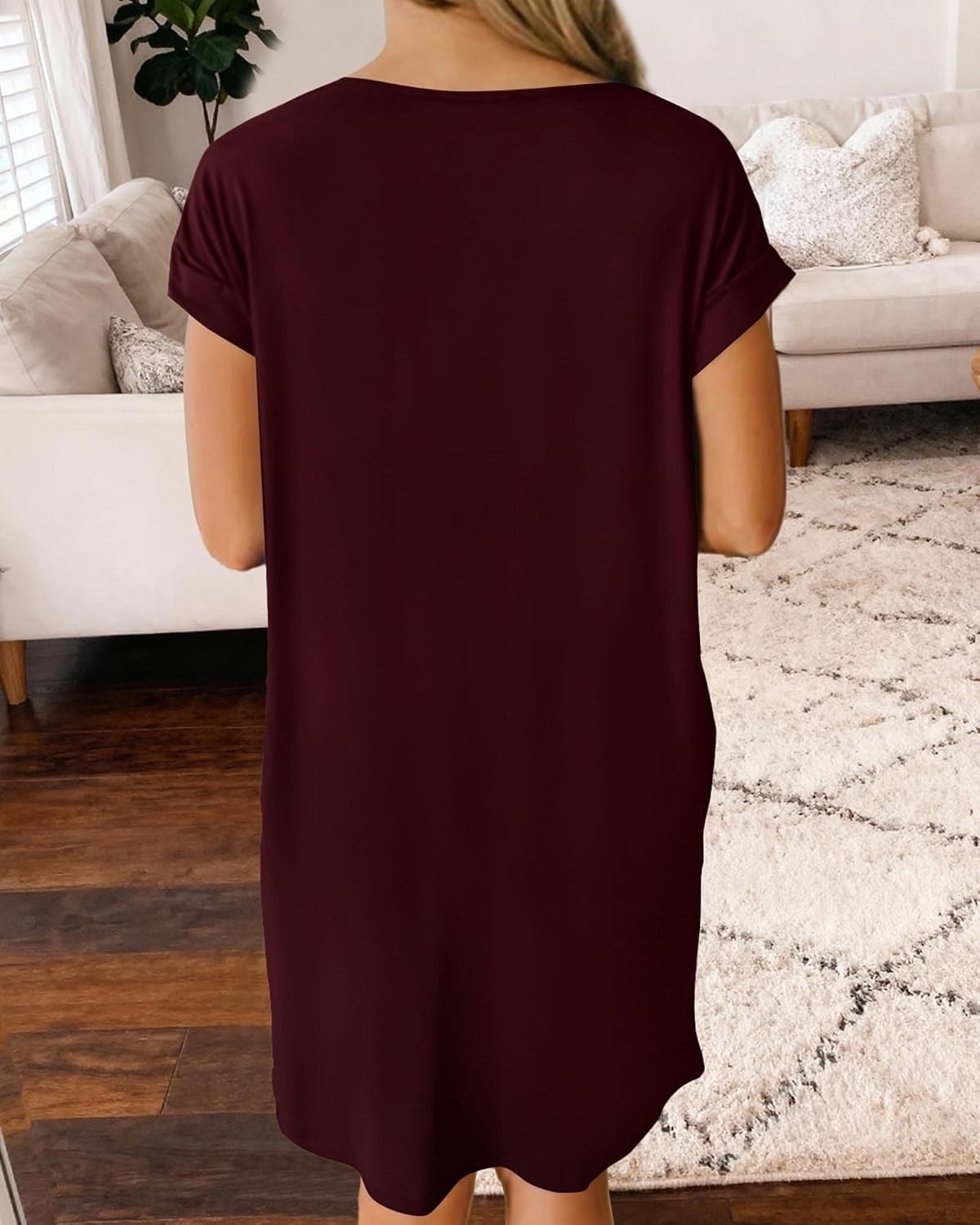 image:imageBTFBM Womens Summer Dresses 2026 Pockets Short Sleeve Loose Nightgowns Pajama Beach Vacation Casual Spring T Shirt DressWine Red