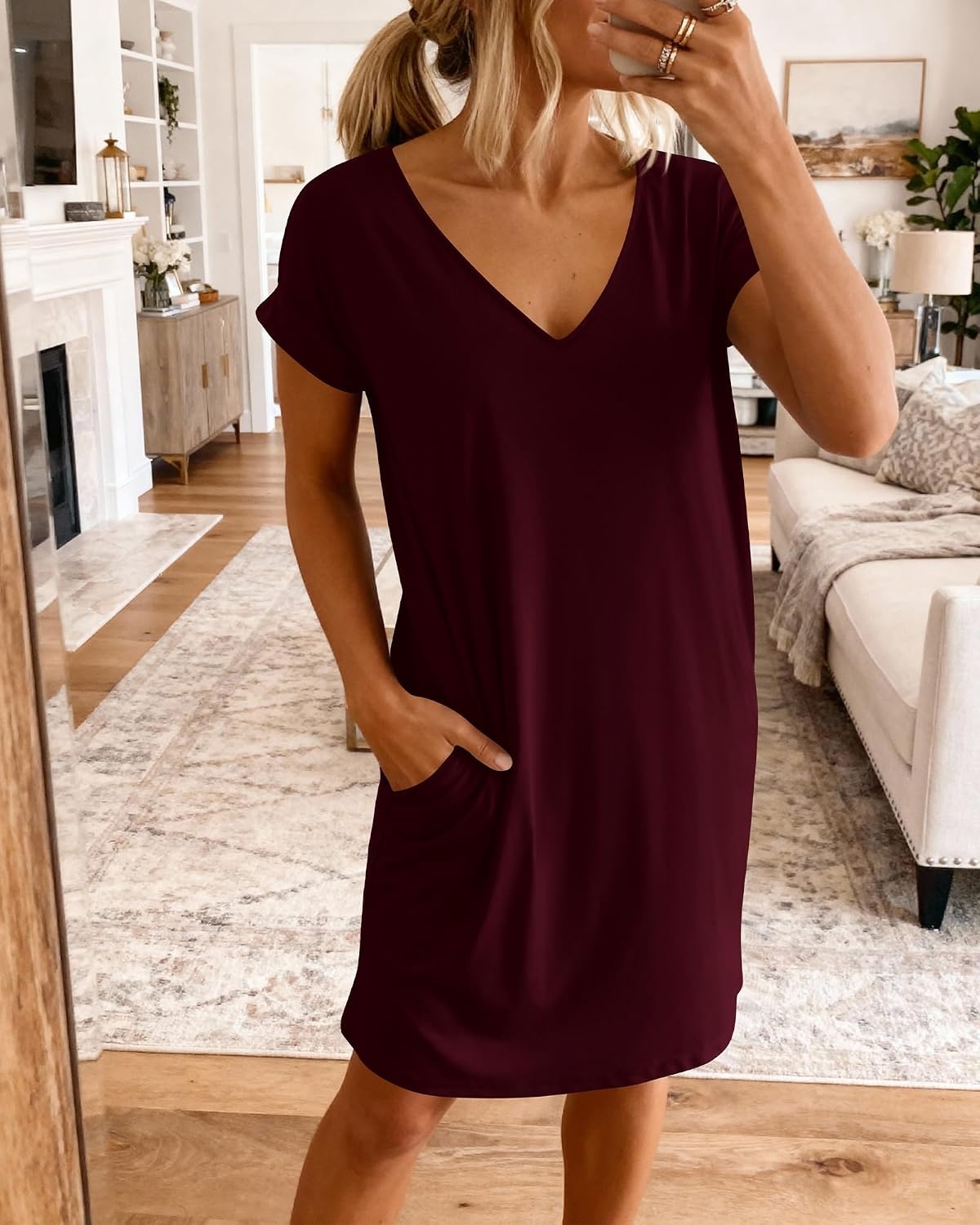 image:imageBTFBM Womens Summer Dresses 2026 Pockets Short Sleeve Loose Nightgowns Pajama Beach Vacation Casual Spring T Shirt DressWine Red