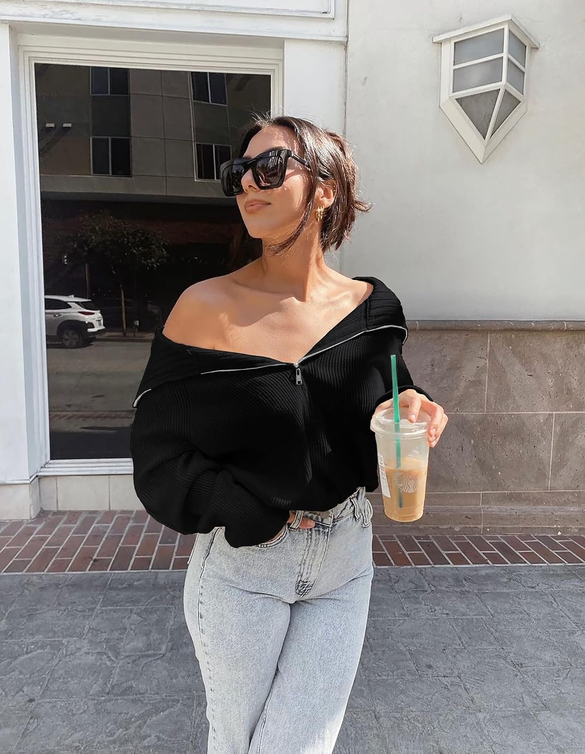 image:imageBTFBM Womens Sweaters Quarter Zip Pullover V Neck Collar Long Sleeve Ribbed Knit Loose Casual 2026 Winter Fall SweaterBlack