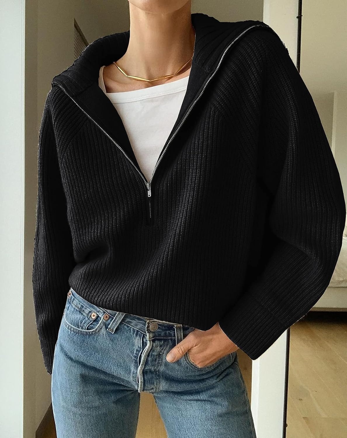 image:imageBTFBM Womens Sweaters Quarter Zip Pullover V Neck Collar Long Sleeve Ribbed Knit Loose Casual 2026 Winter Fall SweaterBlack