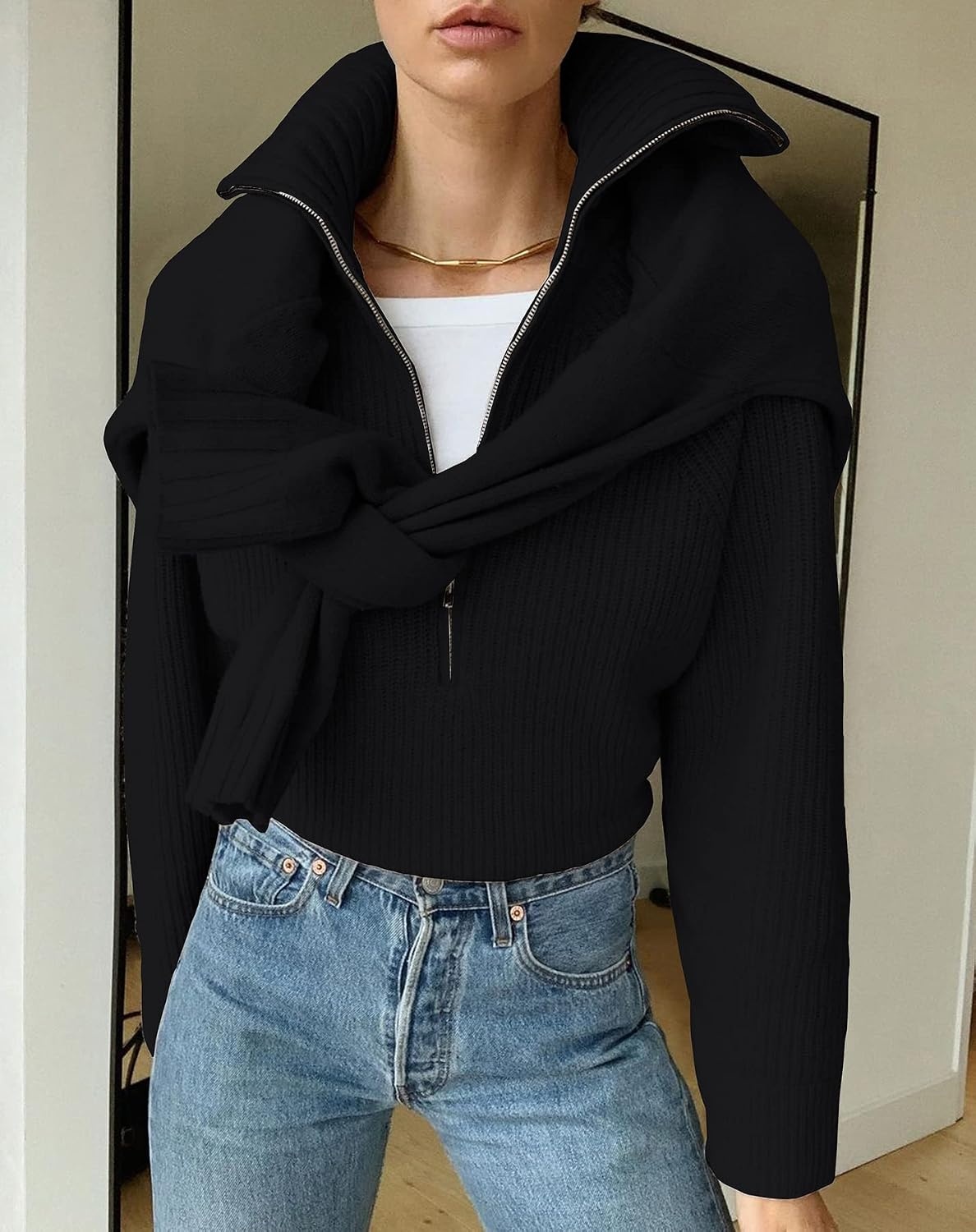 image:imageBTFBM Womens Sweaters Quarter Zip Pullover V Neck Collar Long Sleeve Ribbed Knit Loose Casual 2026 Winter Fall SweaterBlack