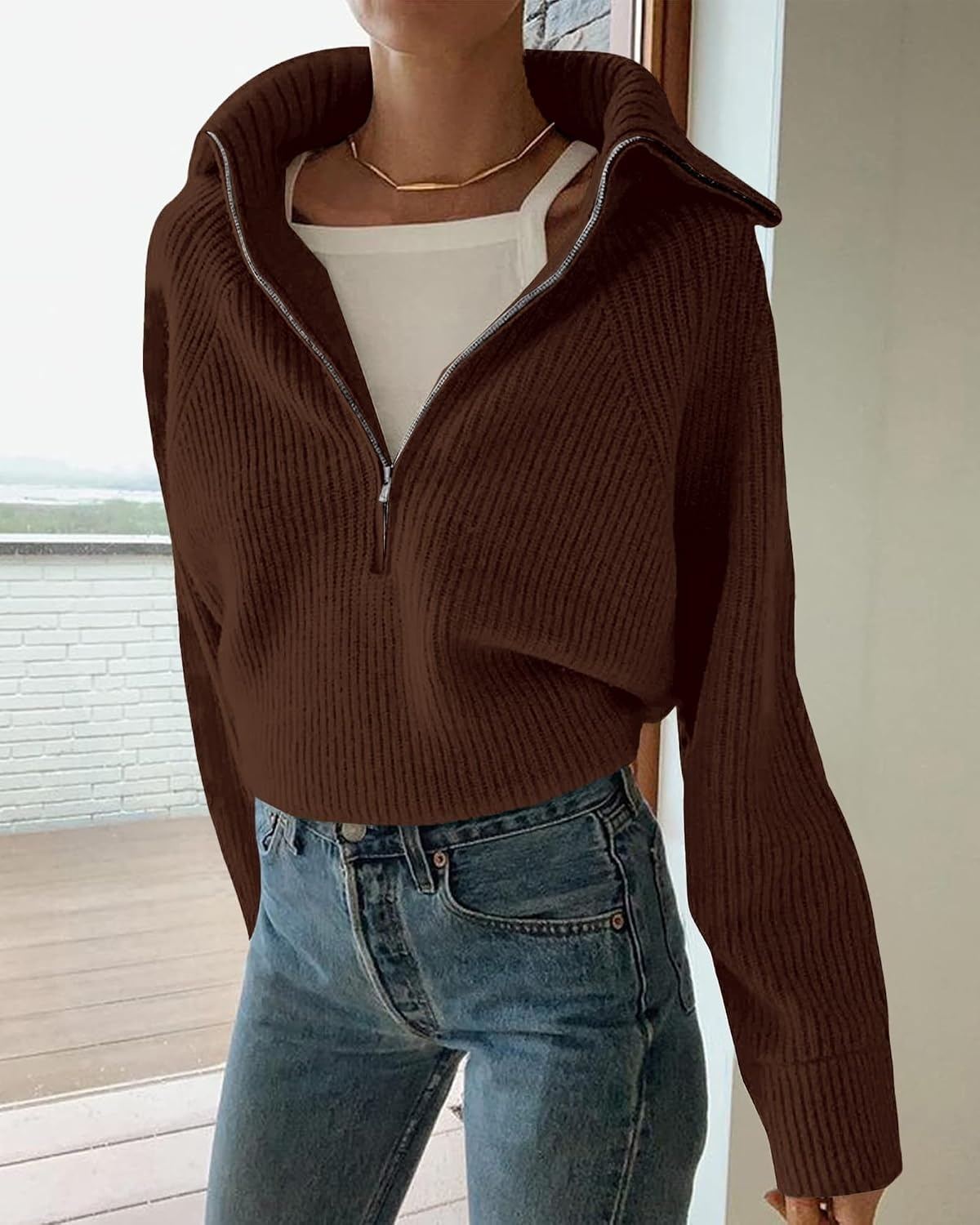 image:imageBTFBM Womens Sweaters Quarter Zip Pullover V Neck Collar Long Sleeve Ribbed Knit Loose Casual 2026 Winter Fall SweaterBrown