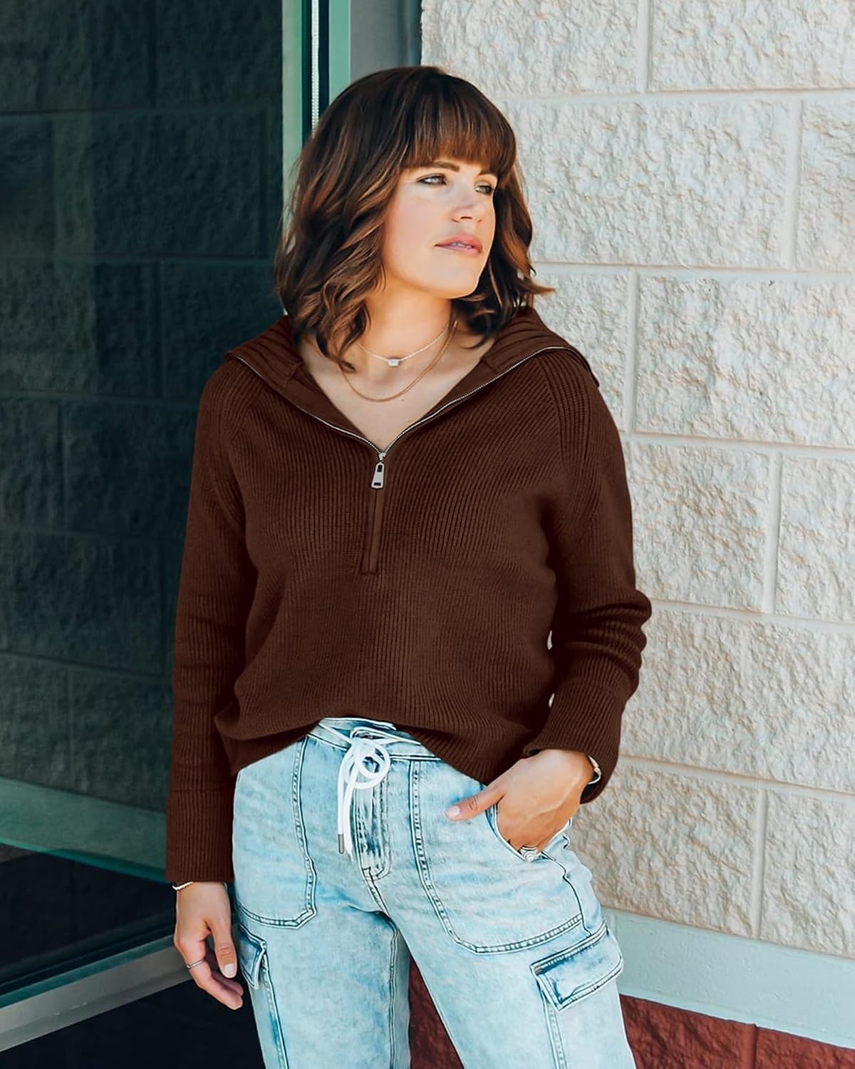 image:imageBTFBM Womens Sweaters Quarter Zip Pullover V Neck Collar Long Sleeve Ribbed Knit Loose Casual 2026 Winter Fall SweaterBrown
