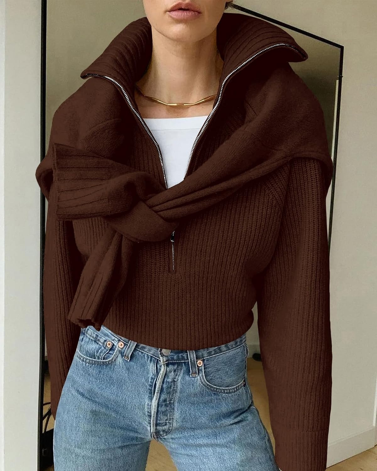 image:imageBTFBM Womens Sweaters Quarter Zip Pullover V Neck Collar Long Sleeve Ribbed Knit Loose Casual 2026 Winter Fall SweaterBrown