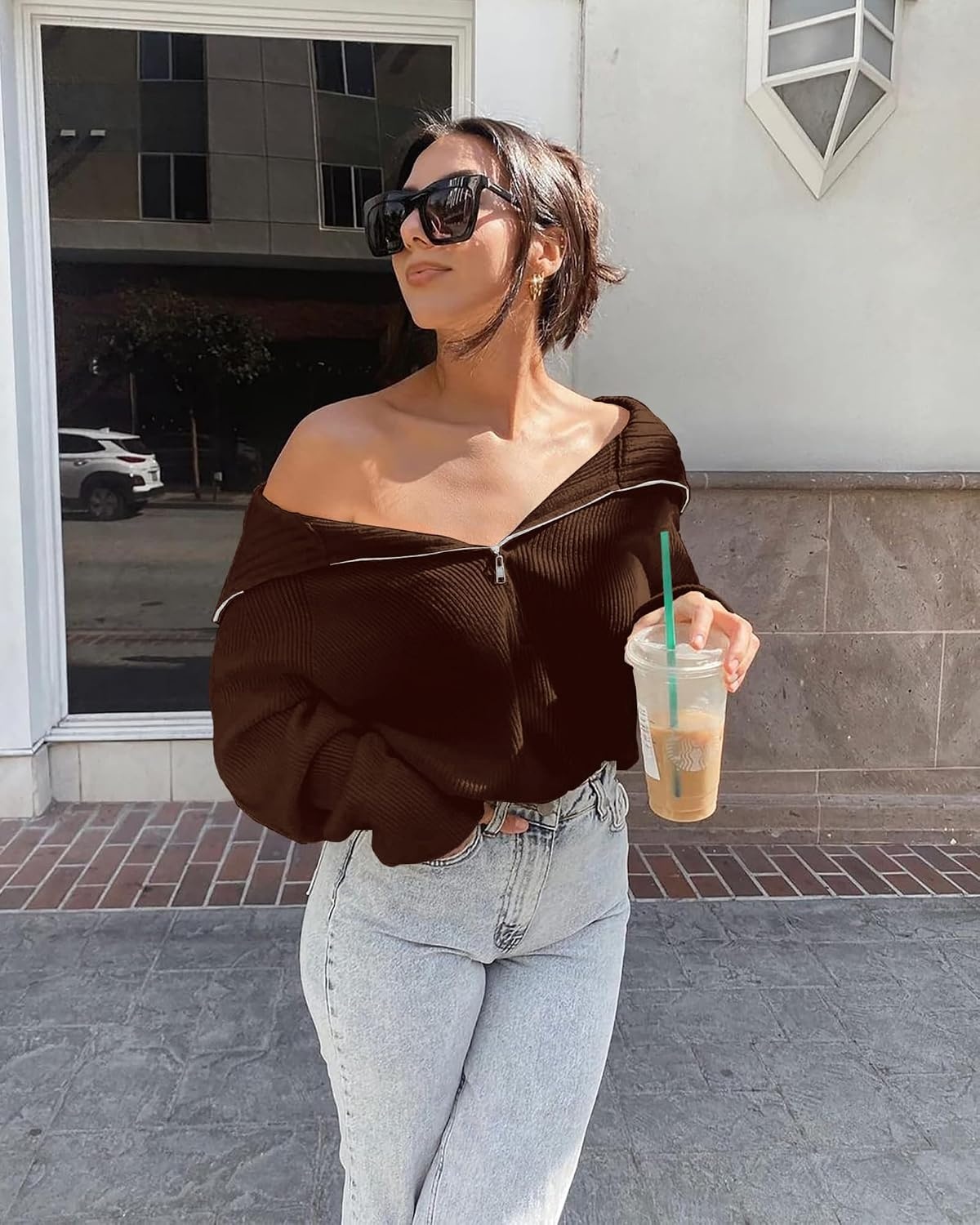 image:imageBTFBM Womens Sweaters Quarter Zip Pullover V Neck Collar Long Sleeve Ribbed Knit Loose Casual 2026 Winter Fall SweaterBrown