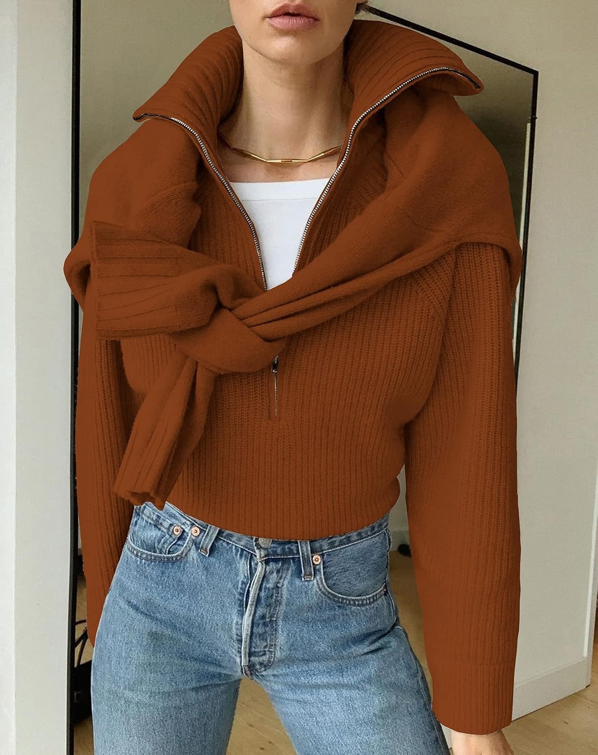 image:imageBTFBM Womens Sweaters Quarter Zip Pullover V Neck Collar Long Sleeve Ribbed Knit Loose Casual 2026 Winter Fall SweaterCaramel