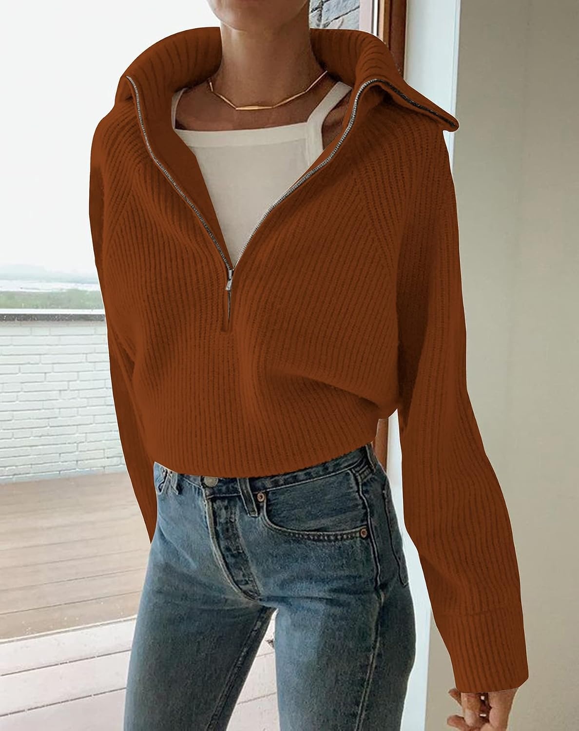image:imageBTFBM Womens Sweaters Quarter Zip Pullover V Neck Collar Long Sleeve Ribbed Knit Loose Casual 2026 Winter Fall SweaterCaramel