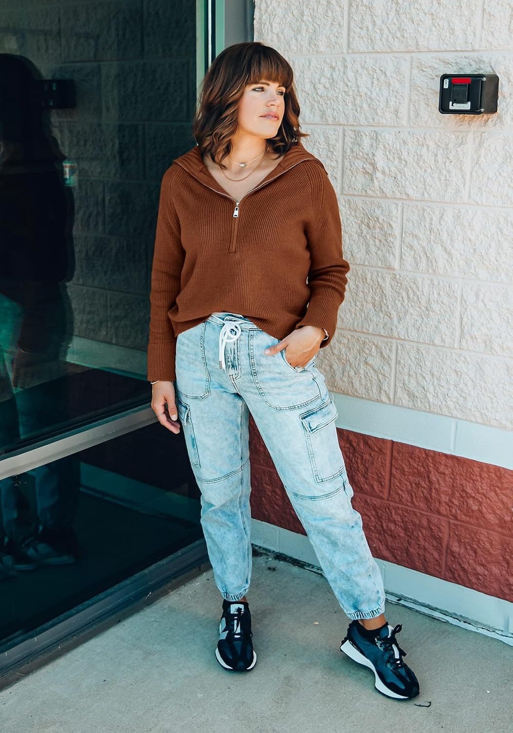 image:imageBTFBM Womens Sweaters Quarter Zip Pullover V Neck Collar Long Sleeve Ribbed Knit Loose Casual 2026 Winter Fall SweaterCaramel