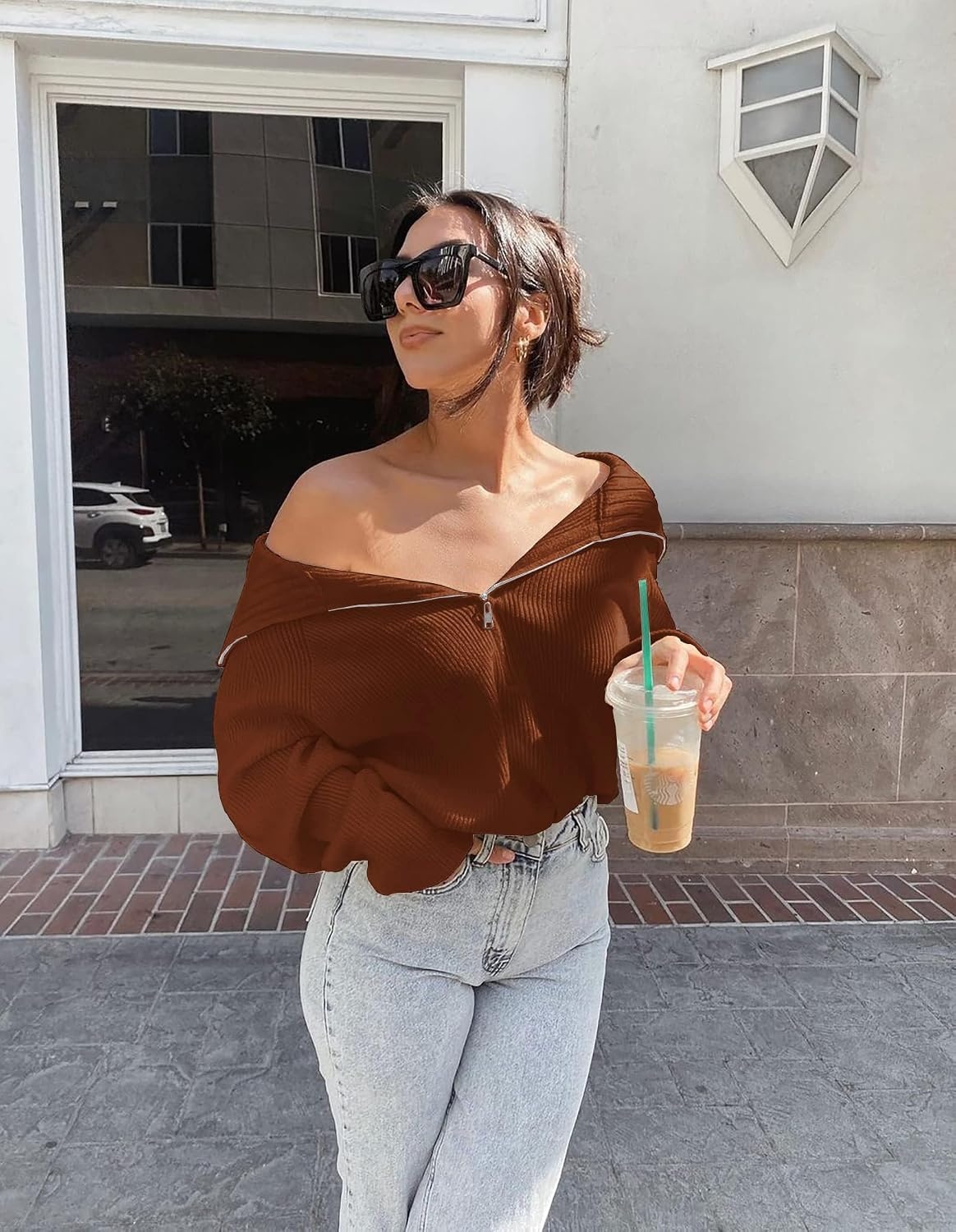 image:imageBTFBM Womens Sweaters Quarter Zip Pullover V Neck Collar Long Sleeve Ribbed Knit Loose Casual 2026 Winter Fall SweaterCaramel