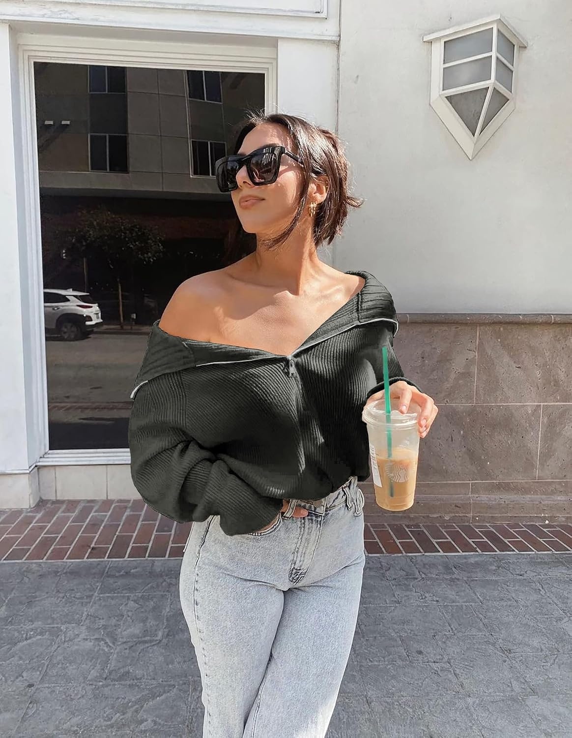 image:imageBTFBM Womens Sweaters Quarter Zip Pullover V Neck Collar Long Sleeve Ribbed Knit Loose Casual 2026 Winter Fall SweaterDark Grey