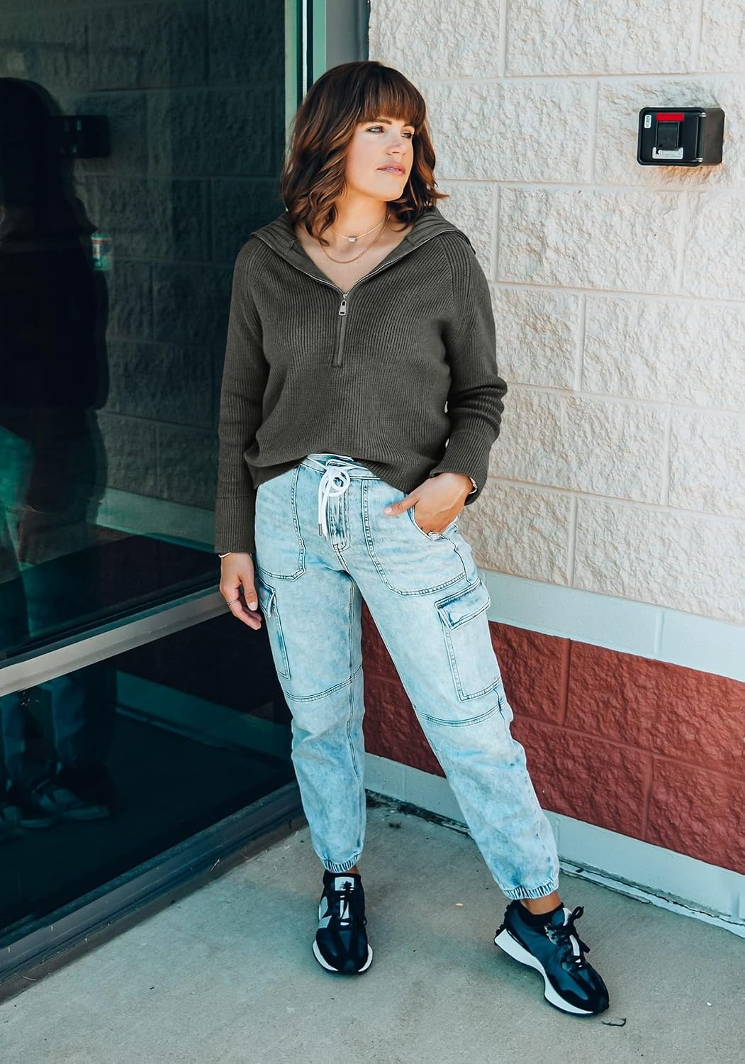 image:imageBTFBM Womens Sweaters Quarter Zip Pullover V Neck Collar Long Sleeve Ribbed Knit Loose Casual 2026 Winter Fall SweaterDark Grey