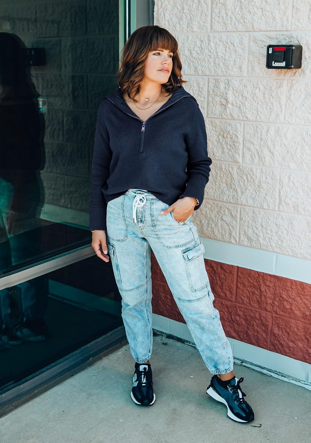 image:imageBTFBM Womens Sweaters Quarter Zip Pullover V Neck Collar Long Sleeve Ribbed Knit Loose Casual 2026 Winter Fall SweaterDenim Blue