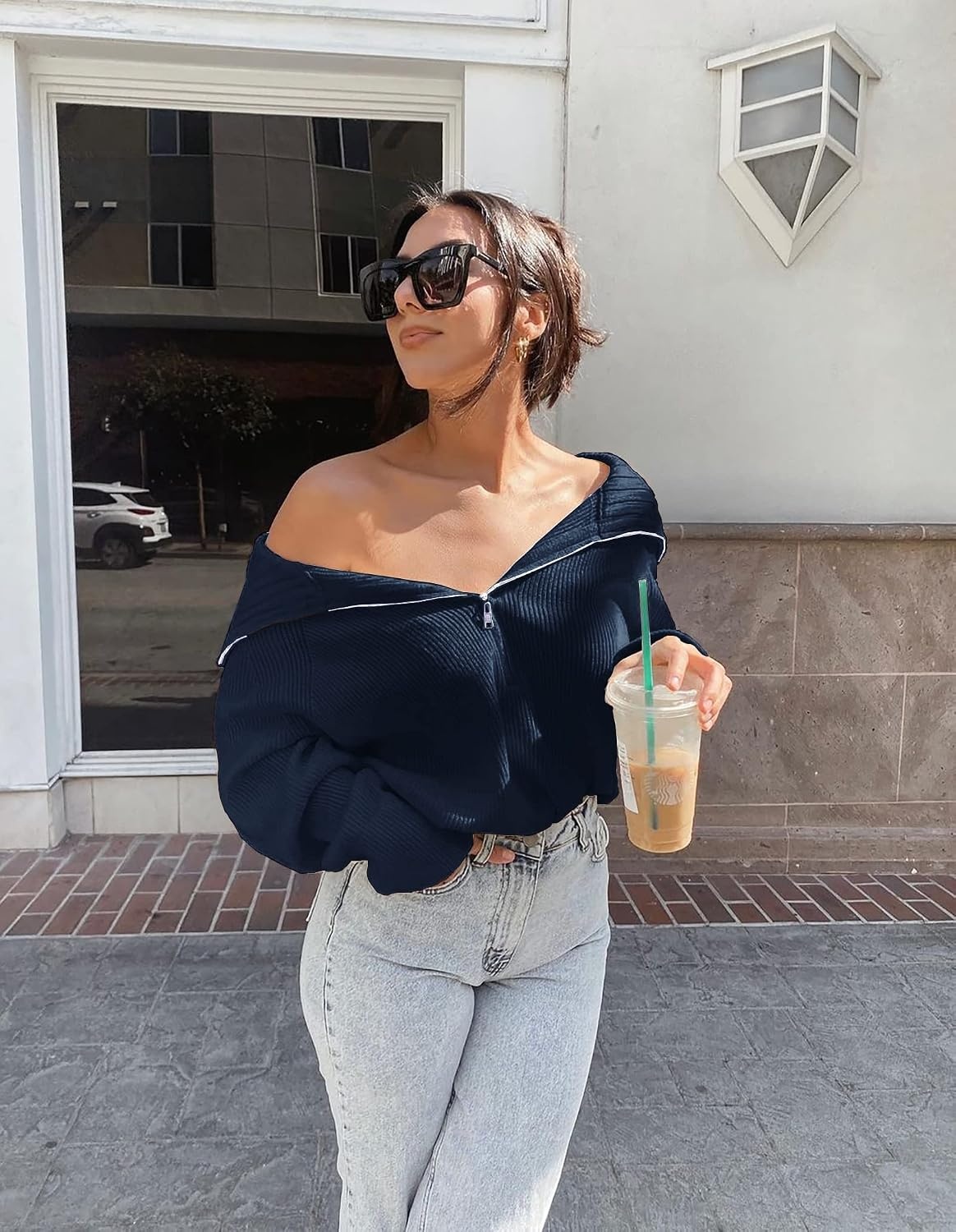 image:imageBTFBM Womens Sweaters Quarter Zip Pullover V Neck Collar Long Sleeve Ribbed Knit Loose Casual 2026 Winter Fall SweaterDenim Blue