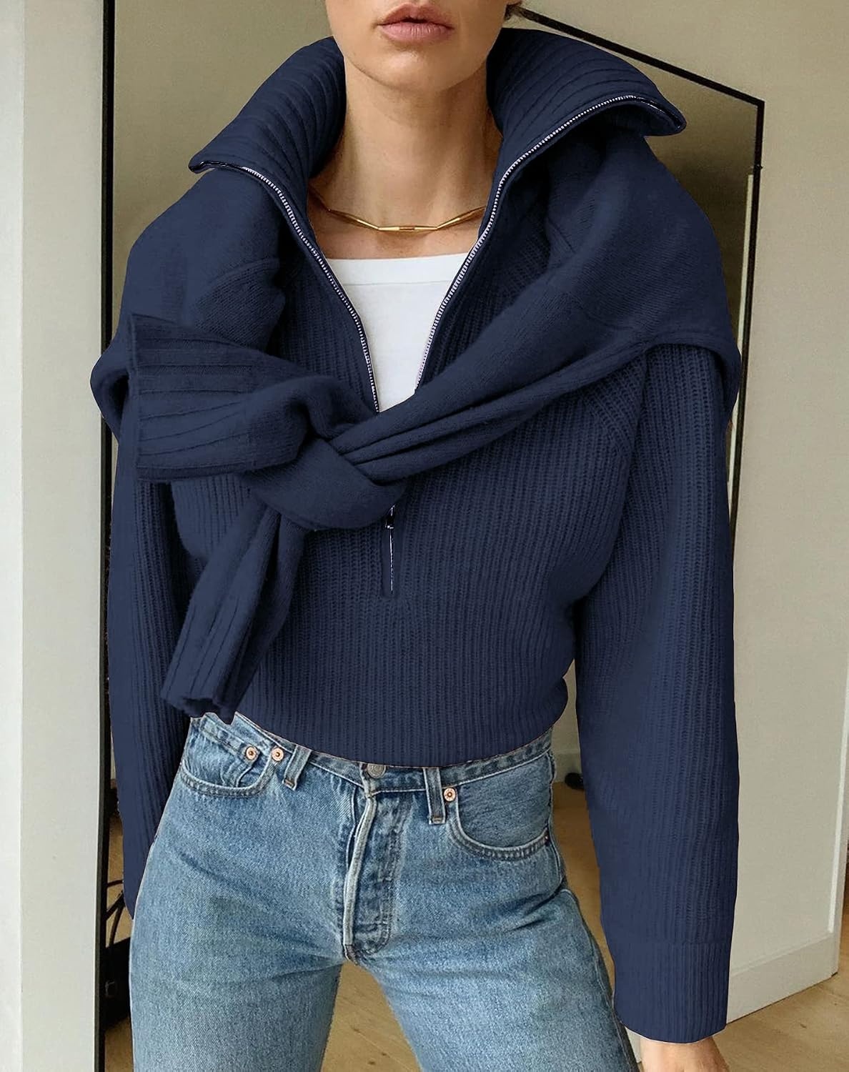 image:imageBTFBM Womens Sweaters Quarter Zip Pullover V Neck Collar Long Sleeve Ribbed Knit Loose Casual 2026 Winter Fall SweaterDenim Blue