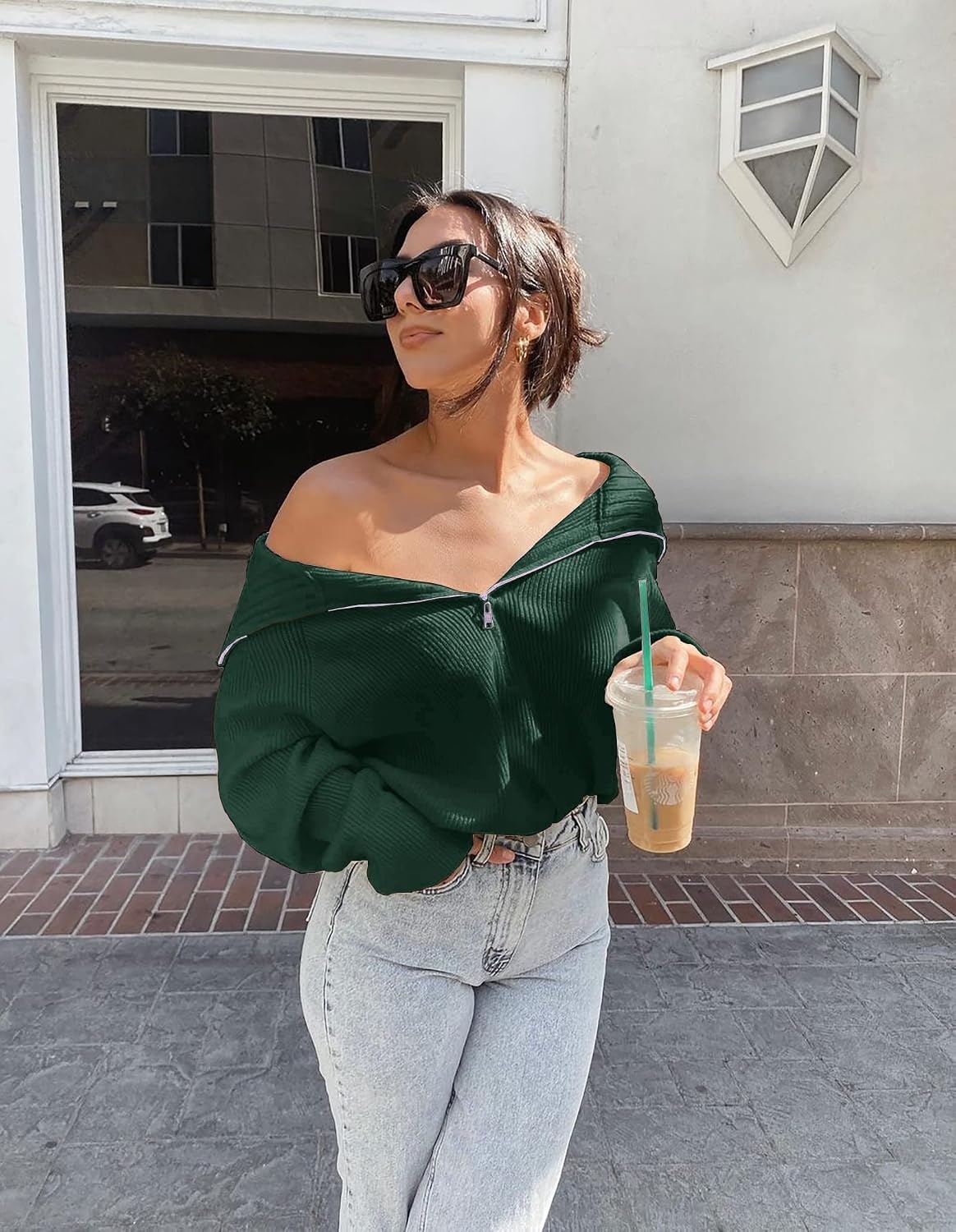 image:imageBTFBM Womens Sweaters Quarter Zip Pullover V Neck Collar Long Sleeve Ribbed Knit Loose Casual 2026 Winter Fall SweaterGreen