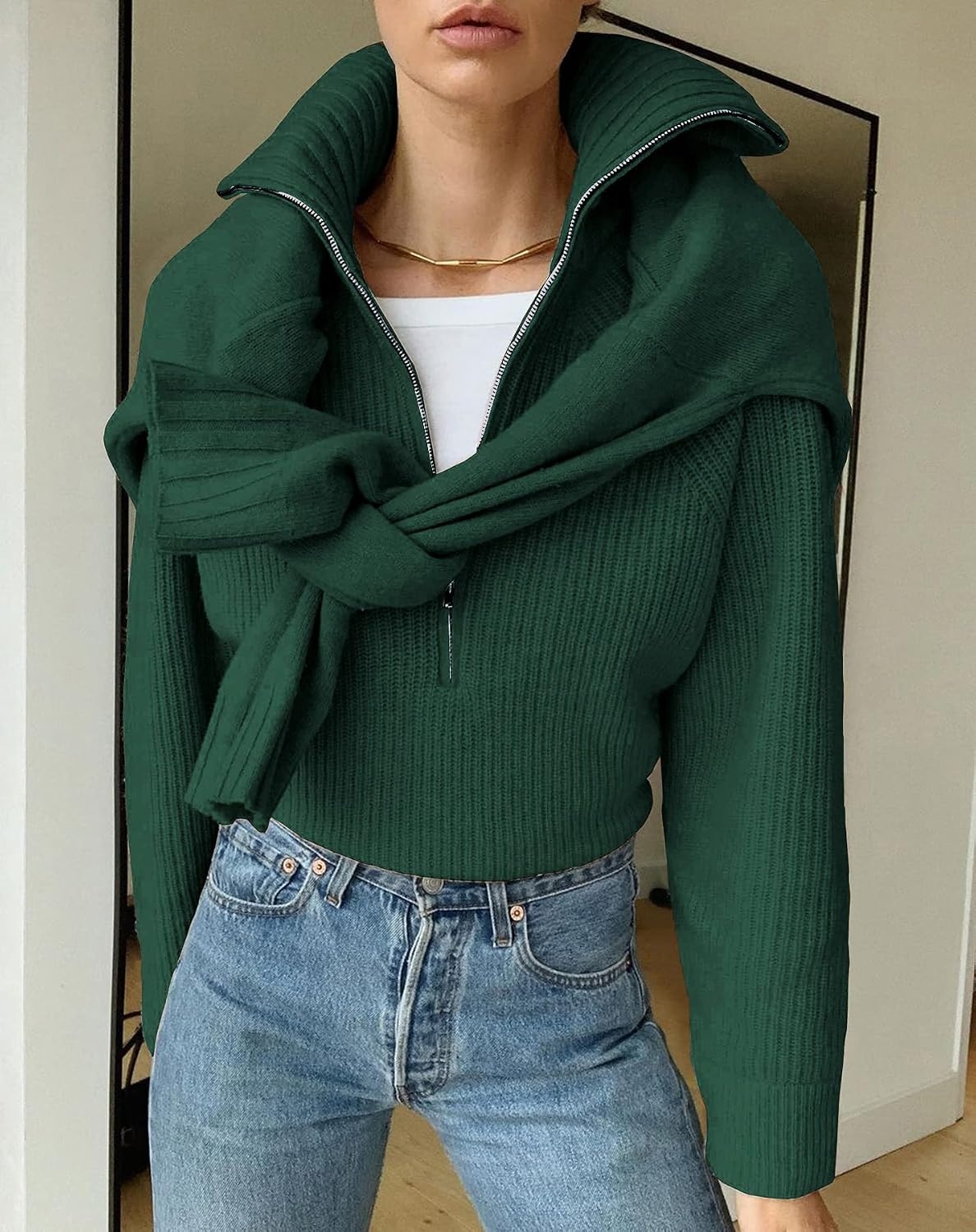 image:imageBTFBM Womens Sweaters Quarter Zip Pullover V Neck Collar Long Sleeve Ribbed Knit Loose Casual 2026 Winter Fall SweaterGreen