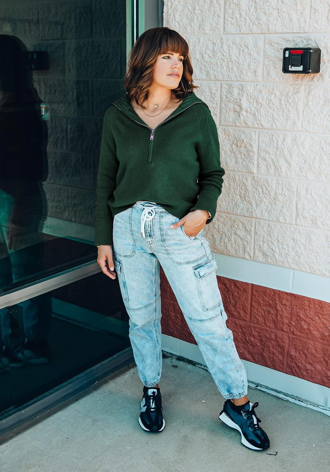 image:imageBTFBM Womens Sweaters Quarter Zip Pullover V Neck Collar Long Sleeve Ribbed Knit Loose Casual 2026 Winter Fall SweaterGreen