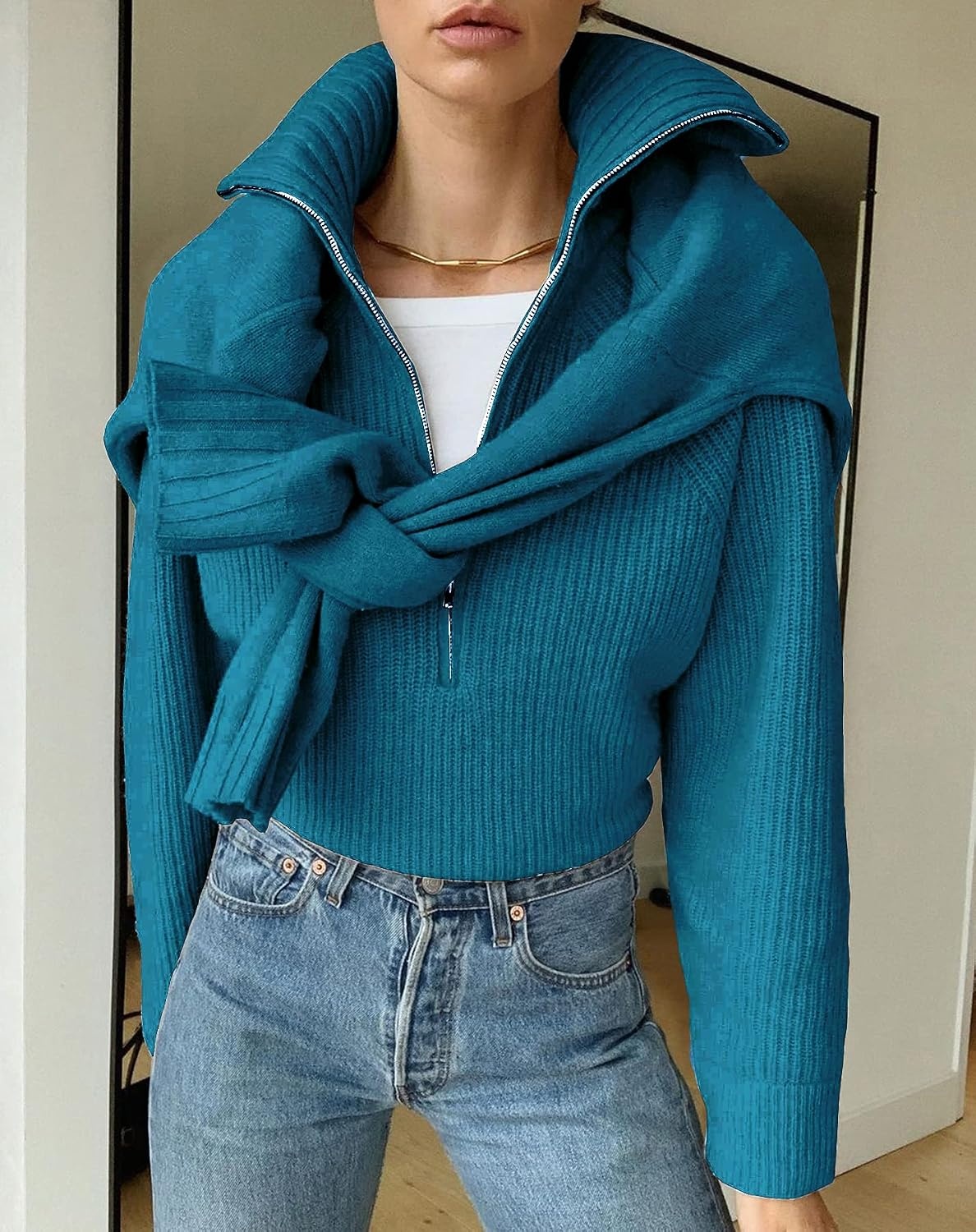 image:imageBTFBM Womens Sweaters Quarter Zip Pullover V Neck Collar Long Sleeve Ribbed Knit Loose Casual 2026 Winter Fall SweaterGrey Blue