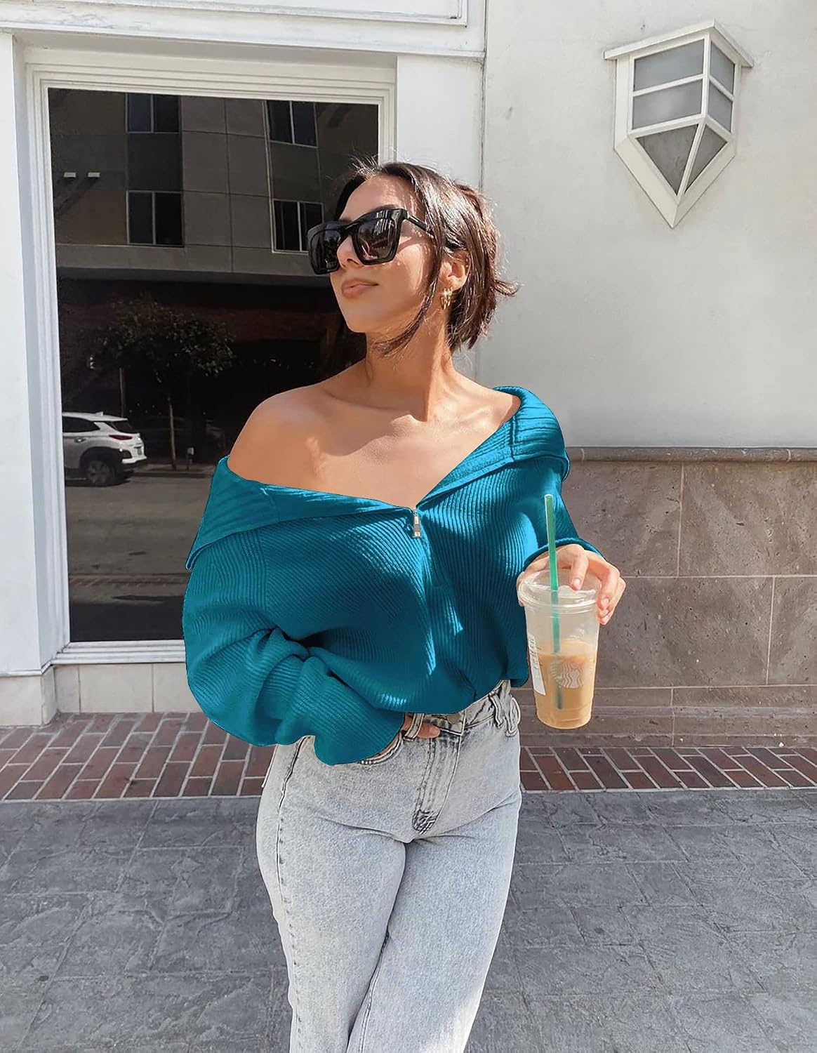 image:imageBTFBM Womens Sweaters Quarter Zip Pullover V Neck Collar Long Sleeve Ribbed Knit Loose Casual 2026 Winter Fall SweaterGrey Blue