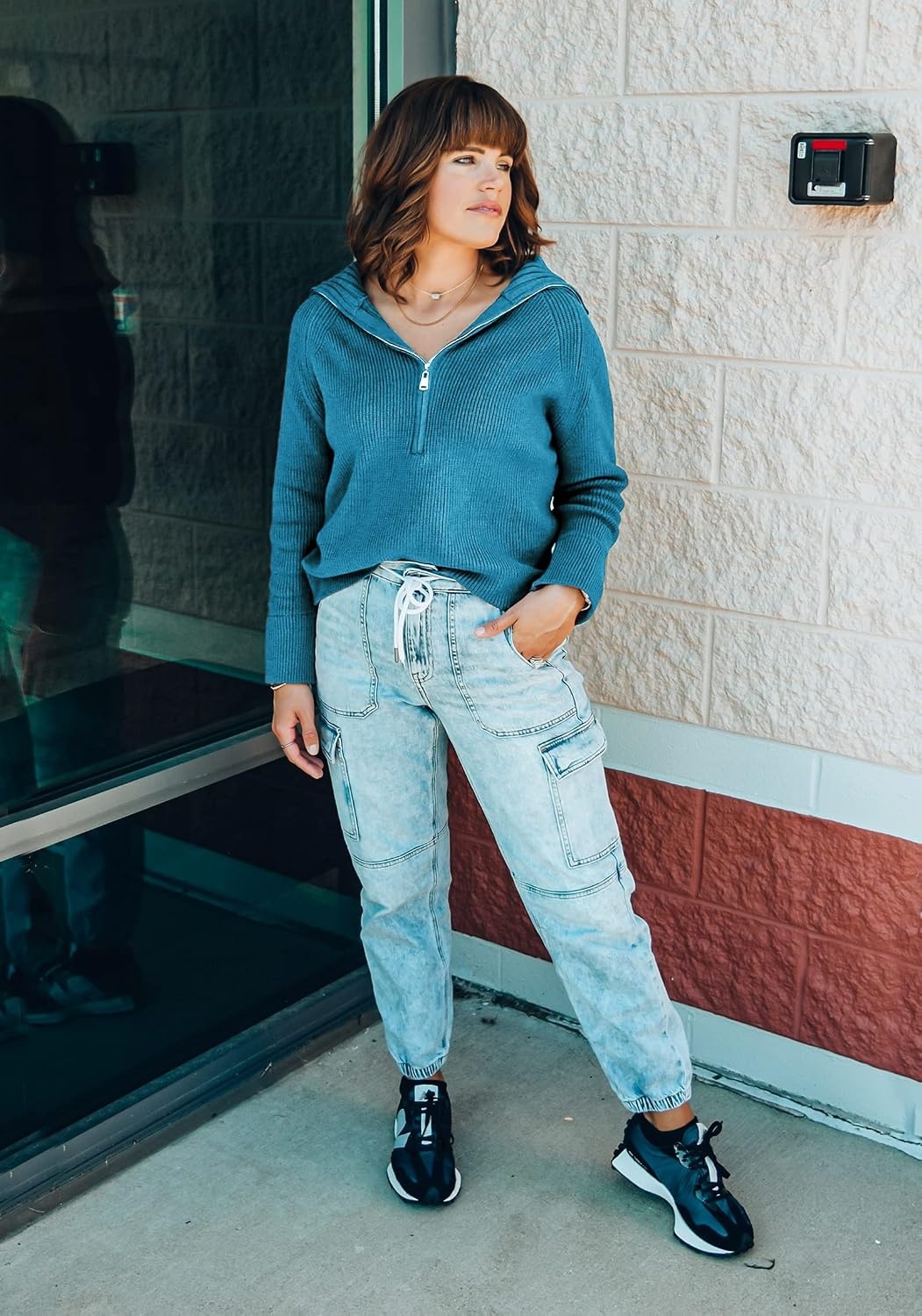 image:imageBTFBM Womens Sweaters Quarter Zip Pullover V Neck Collar Long Sleeve Ribbed Knit Loose Casual 2026 Winter Fall SweaterGrey Blue
