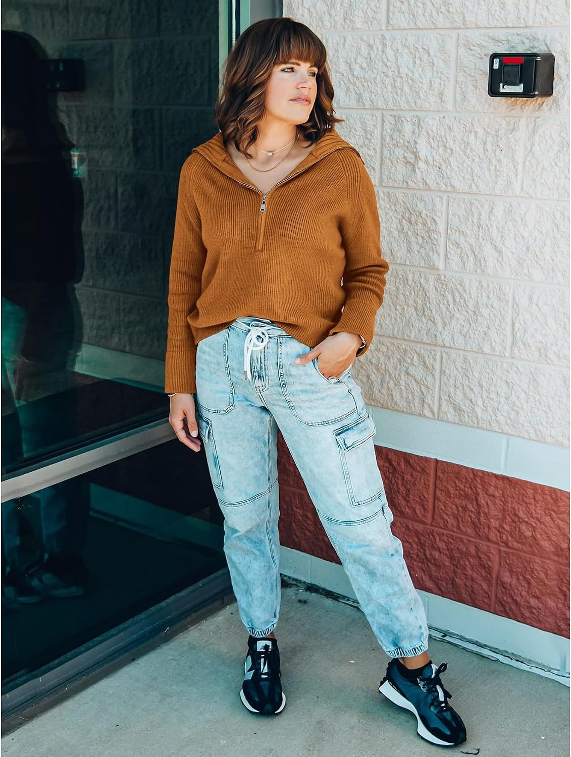 image:imageBTFBM Womens Sweaters Quarter Zip Pullover V Neck Collar Long Sleeve Ribbed Knit Loose Casual 2026 Winter Fall SweaterKhaki