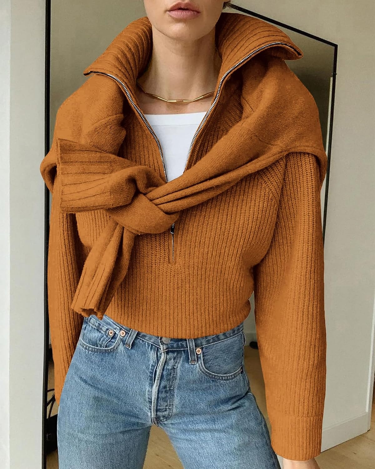 image:imageBTFBM Womens Sweaters Quarter Zip Pullover V Neck Collar Long Sleeve Ribbed Knit Loose Casual 2026 Winter Fall SweaterKhaki
