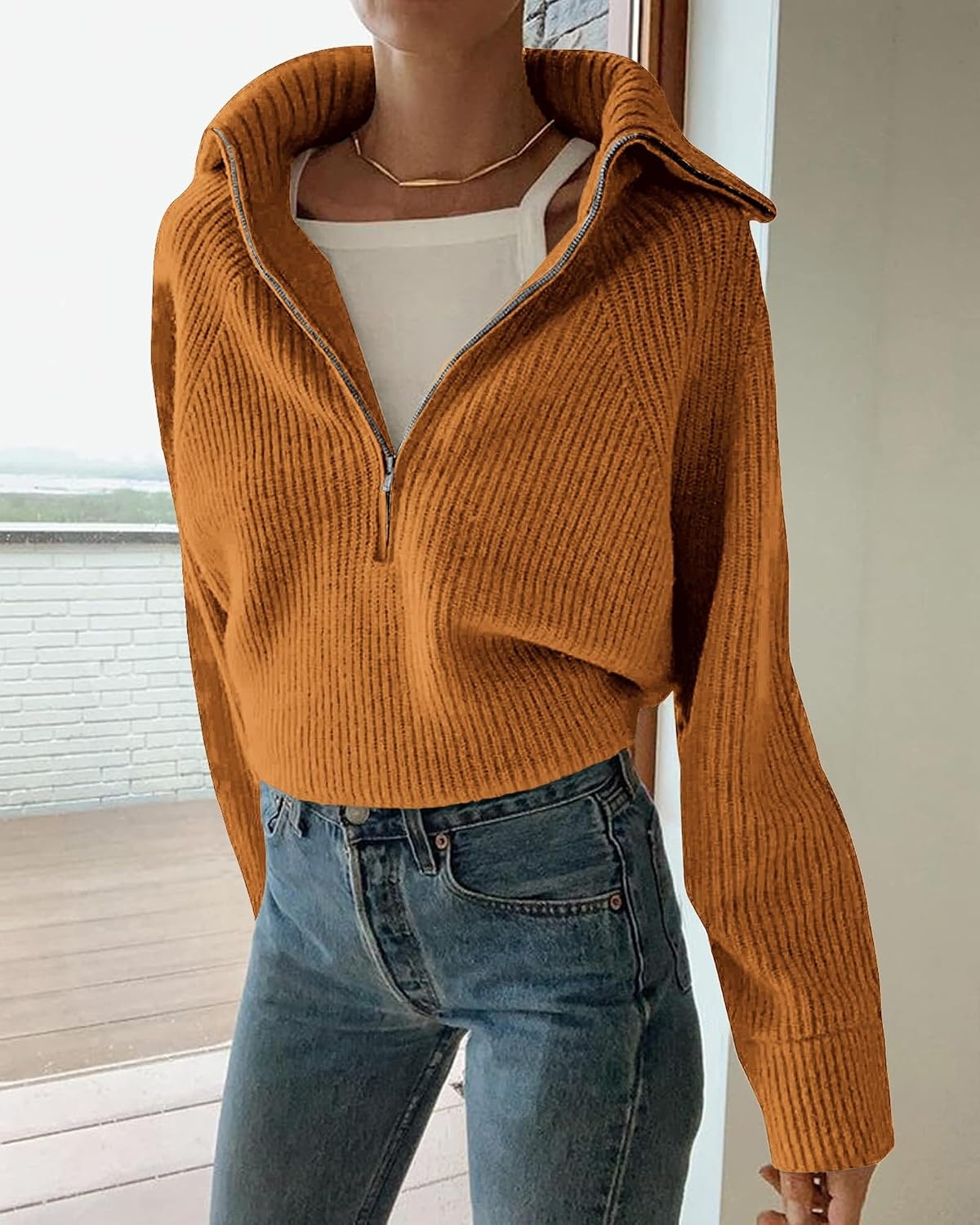 image:imageBTFBM Womens Sweaters Quarter Zip Pullover V Neck Collar Long Sleeve Ribbed Knit Loose Casual 2026 Winter Fall SweaterKhaki
