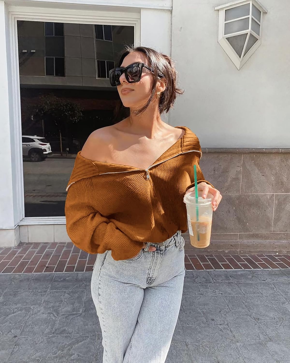 image:imageBTFBM Womens Sweaters Quarter Zip Pullover V Neck Collar Long Sleeve Ribbed Knit Loose Casual 2026 Winter Fall SweaterKhaki