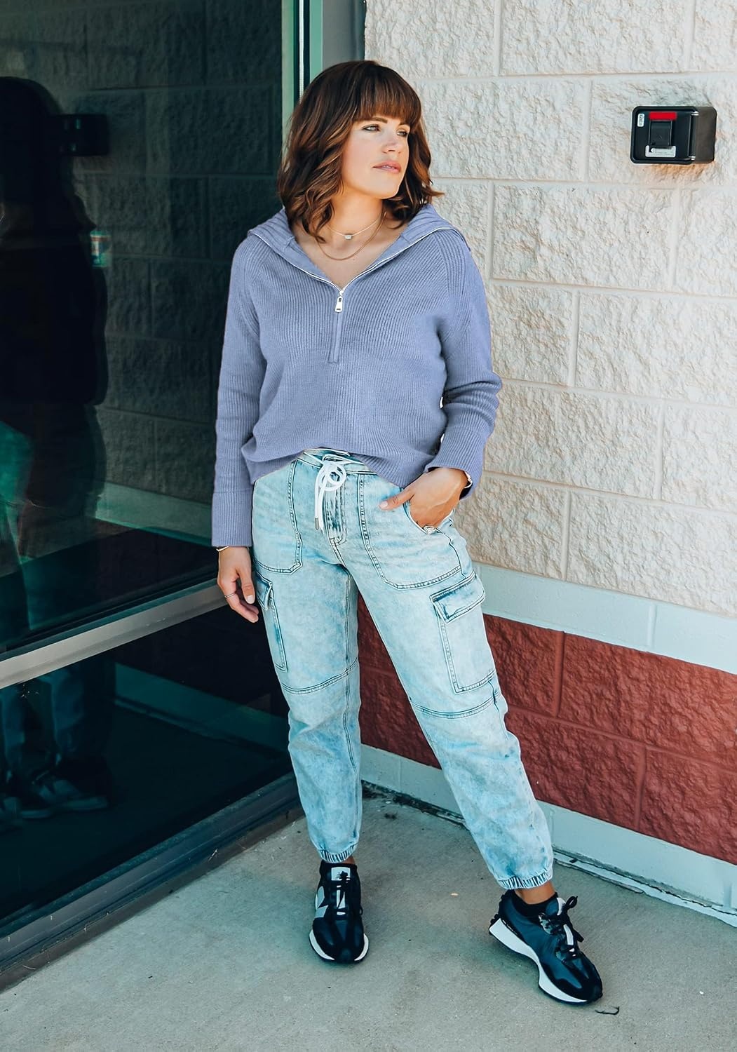 image:imageBTFBM Womens Sweaters Quarter Zip Pullover V Neck Collar Long Sleeve Ribbed Knit Loose Casual 2026 Winter Fall SweaterLight Blue